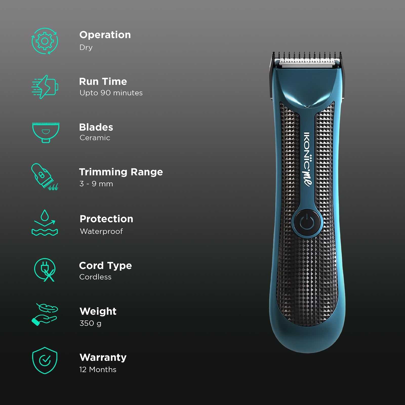 Ikonic Rechargeable Cordless Dry Trimmer for Beard and Body with 3 Length Settings for Men (90mins Runtime, Quick Charging, Blue)_2