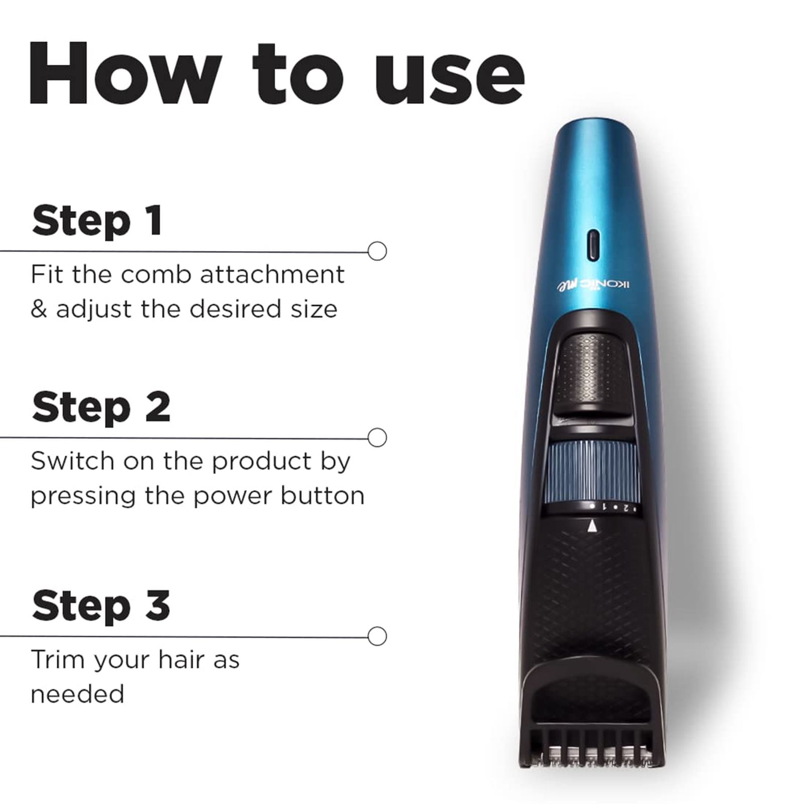 Ikonic Rechargeable Cordless Dry Trimmer for Hair with 10 Length Settings for Men (50mins Runtime, Low Noise, Blue)_8