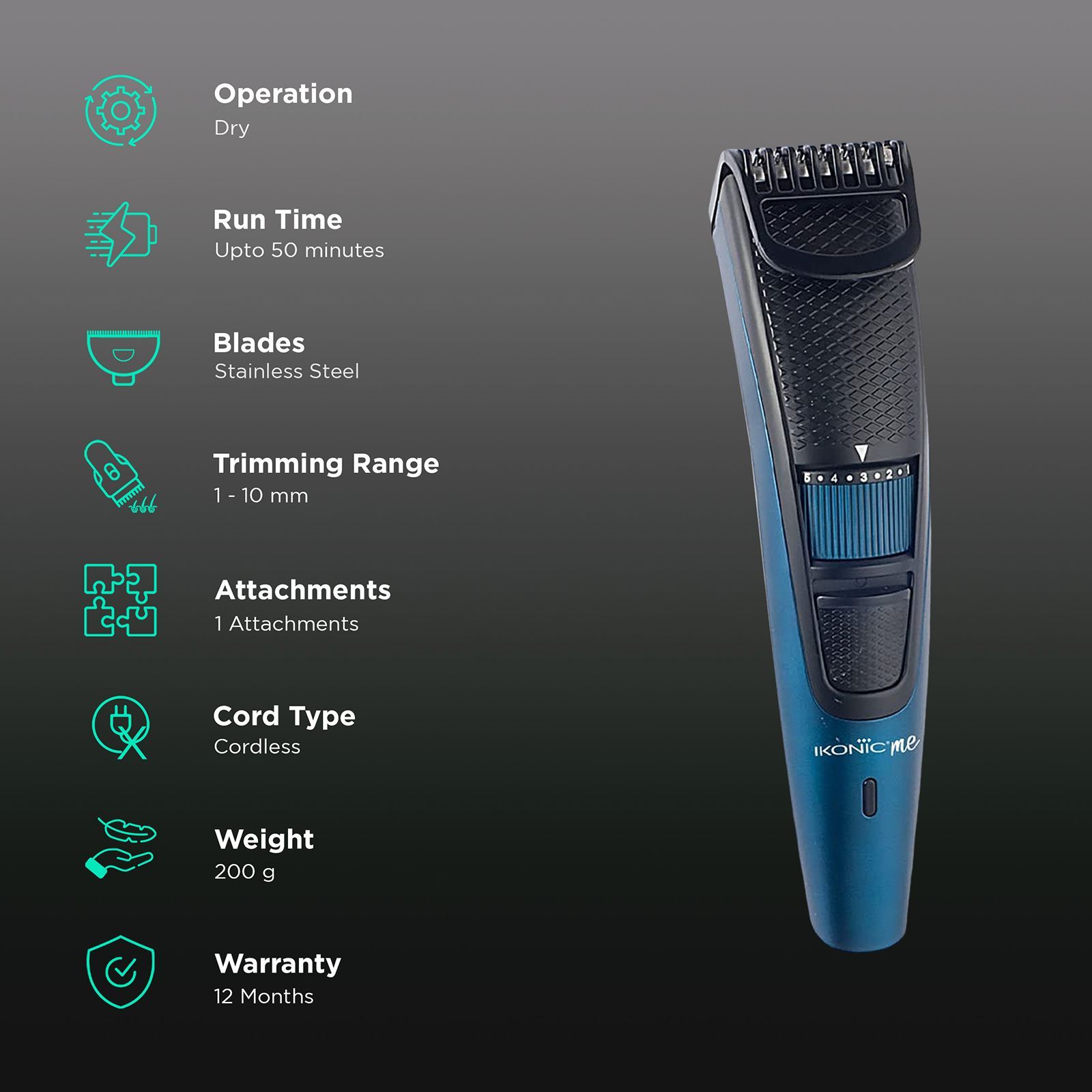 Ikonic Rechargeable Cordless Dry Trimmer for Hair with 10 Length Settings for Men (50mins Runtime, Low Noise, Blue)_2