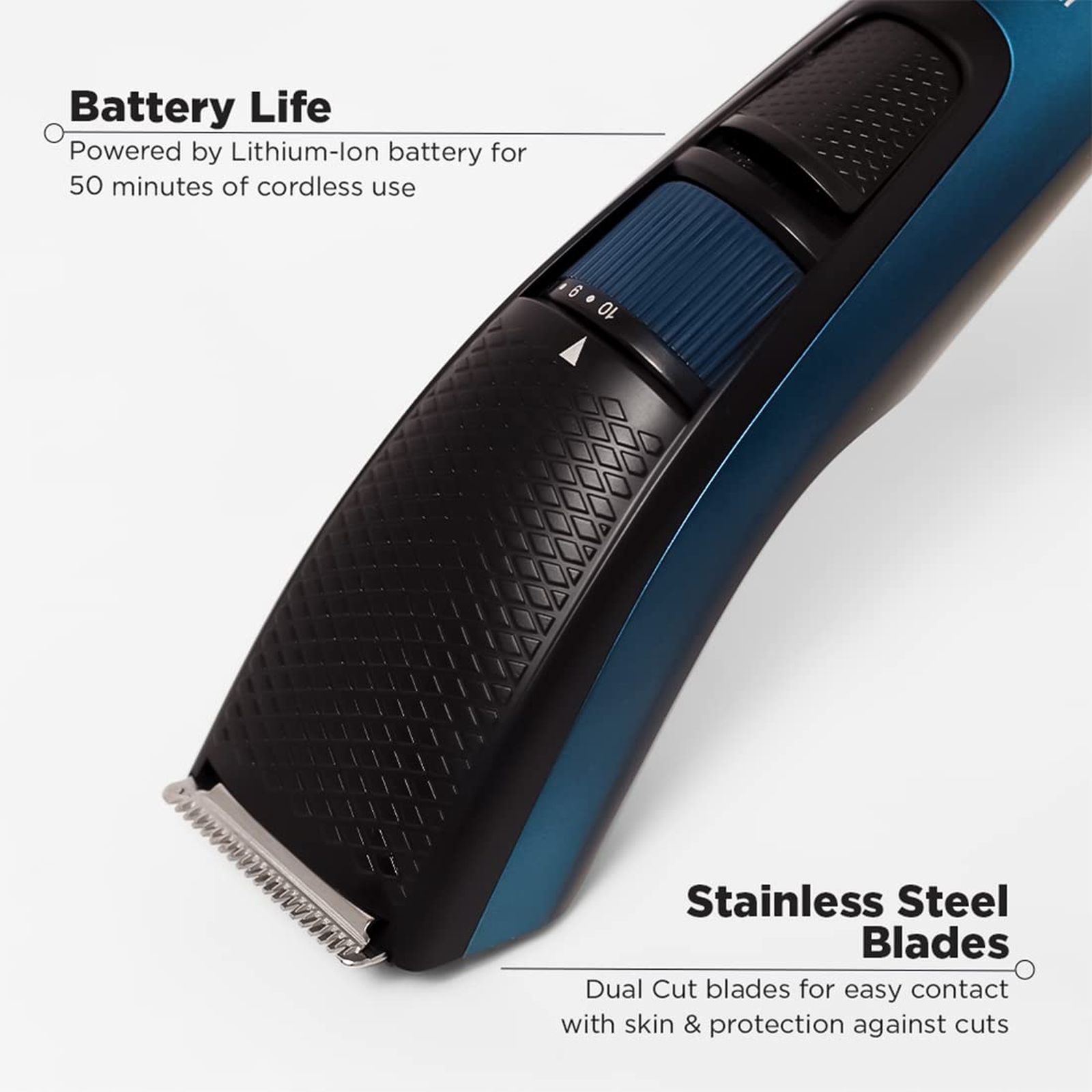 Ikonic Rechargeable Cordless Dry Trimmer for Hair with 10 Length Settings for Men (50mins Runtime, Low Noise, Blue)_4