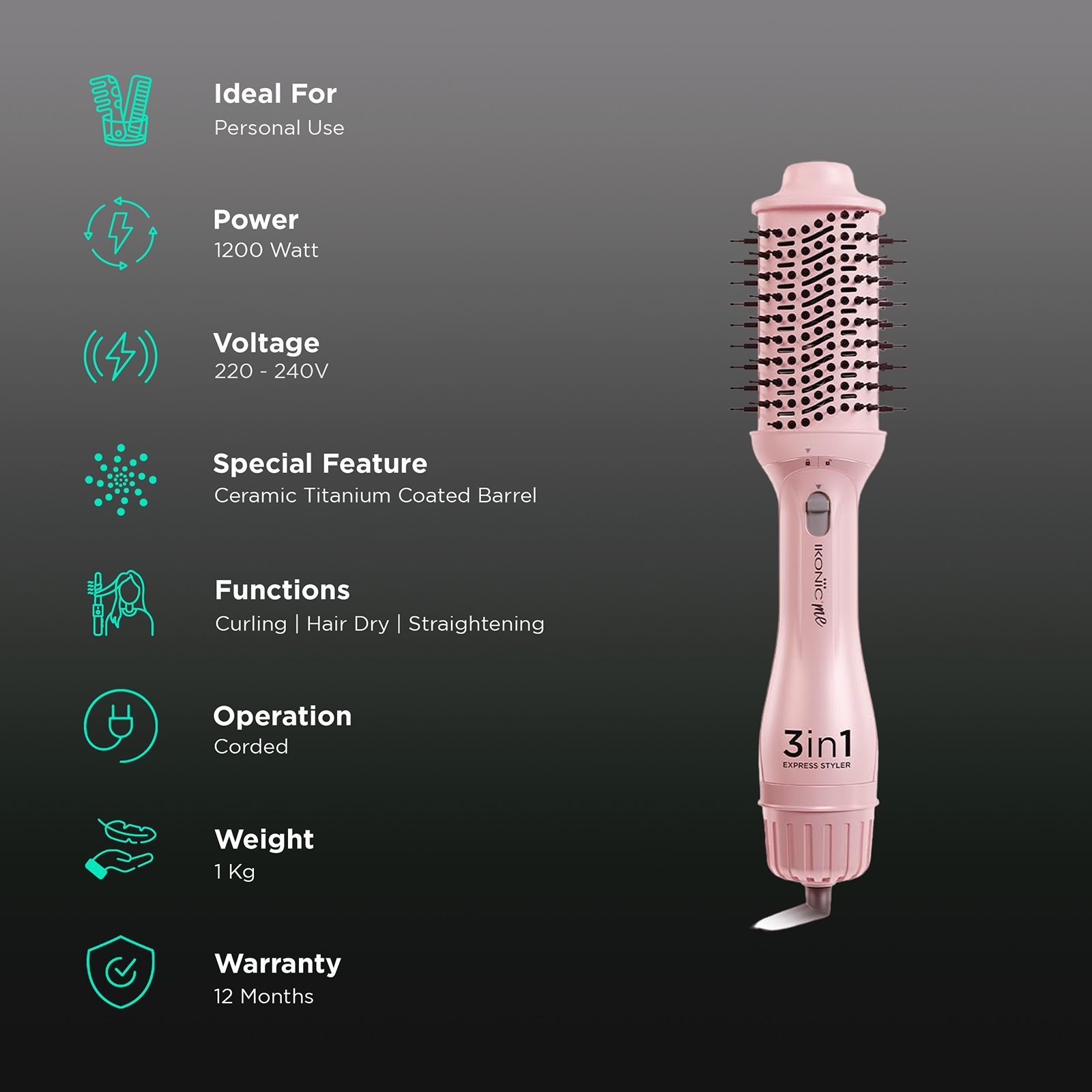 Ikonic Me Express 3-in-1 Hair Styler with Ceramic Titanium Coated Barrel (Innovative Airflow Vents, Pink)_3