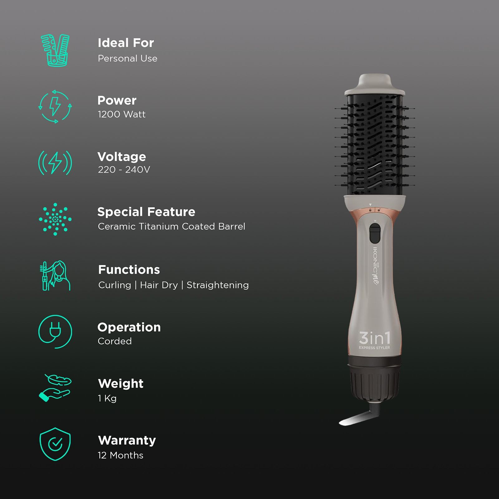 Ikonic Me Express 3-in-1 Hair Styler with Ceramic Titanium Coated Barrel (Innovative Airflow Vents, Grey)_3