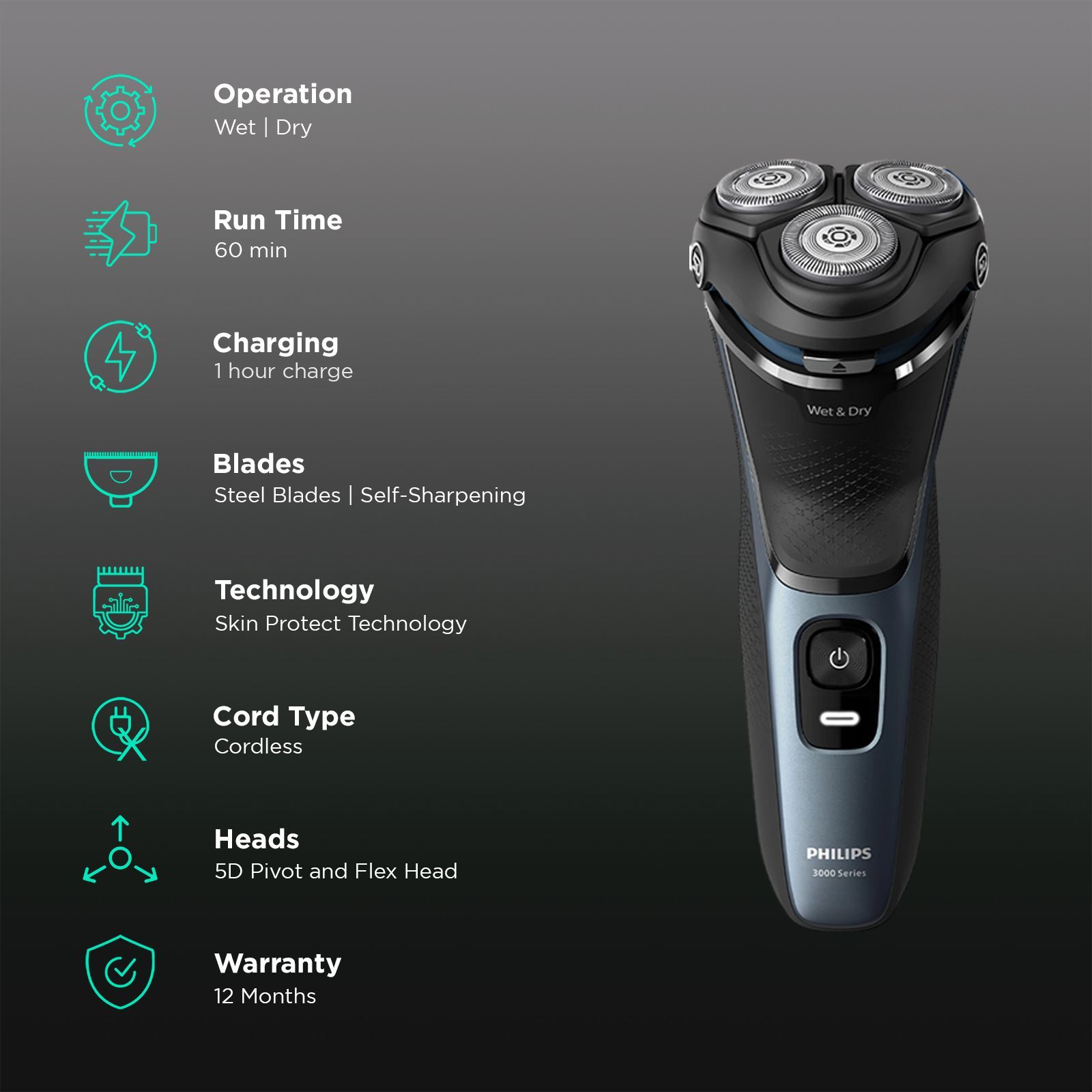 PHILIPS 3000 Series Rechargeable Cordless Shaver for Face for Men (60min Runtime, Skin Protect Technology, Black Silver)_2