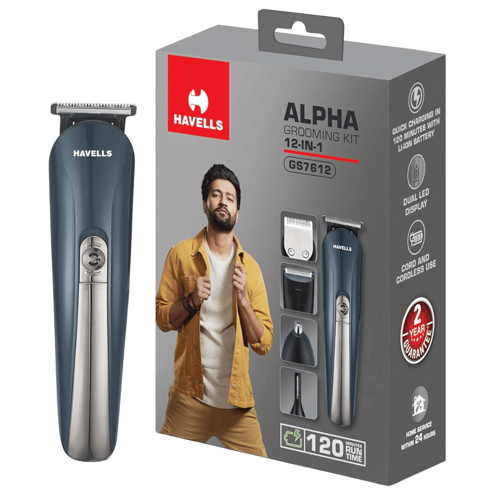HAVELLS Alpha 12-in-1 Rechargeable Cordless Dry Trimmer for Beard, Body & Hair with 8 Length Settings for Men (120mins Runtime, Fast Charging, Blue)_1