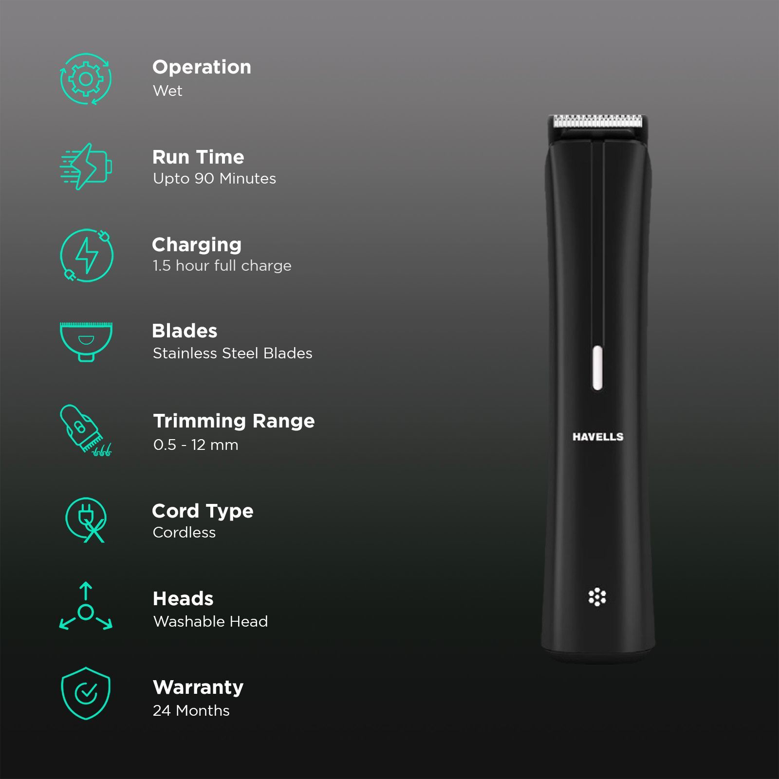 HAVELLS BT6112 Rechargeable Cordless Wet Trimmer for Beard, Body & Hair with 12 Length Settings for Men (90mins Runtime, Fast Charging, Black) HAVELLS BT6112 Rechargeable Cordless Wet Trimmer for Beard, Body & Hair with 12 Length Settings for Men (90mins Runtime, Fast Charging, Black)_2