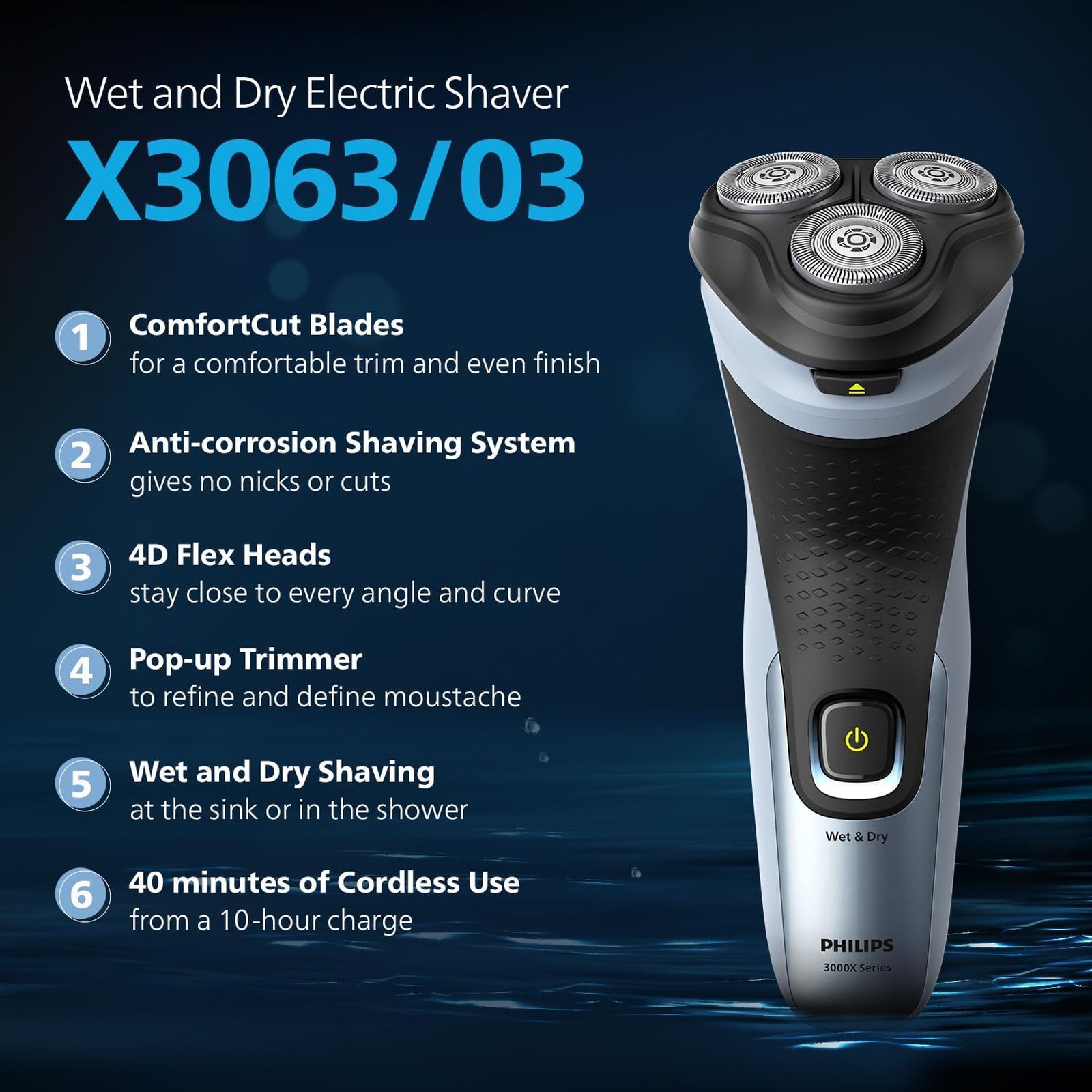 PHILIPS 3 Series Rechargeable Cordless Shaver for Beard for Men (40mins Runtime, 4D Floating Heads, Celestial Blue)_4