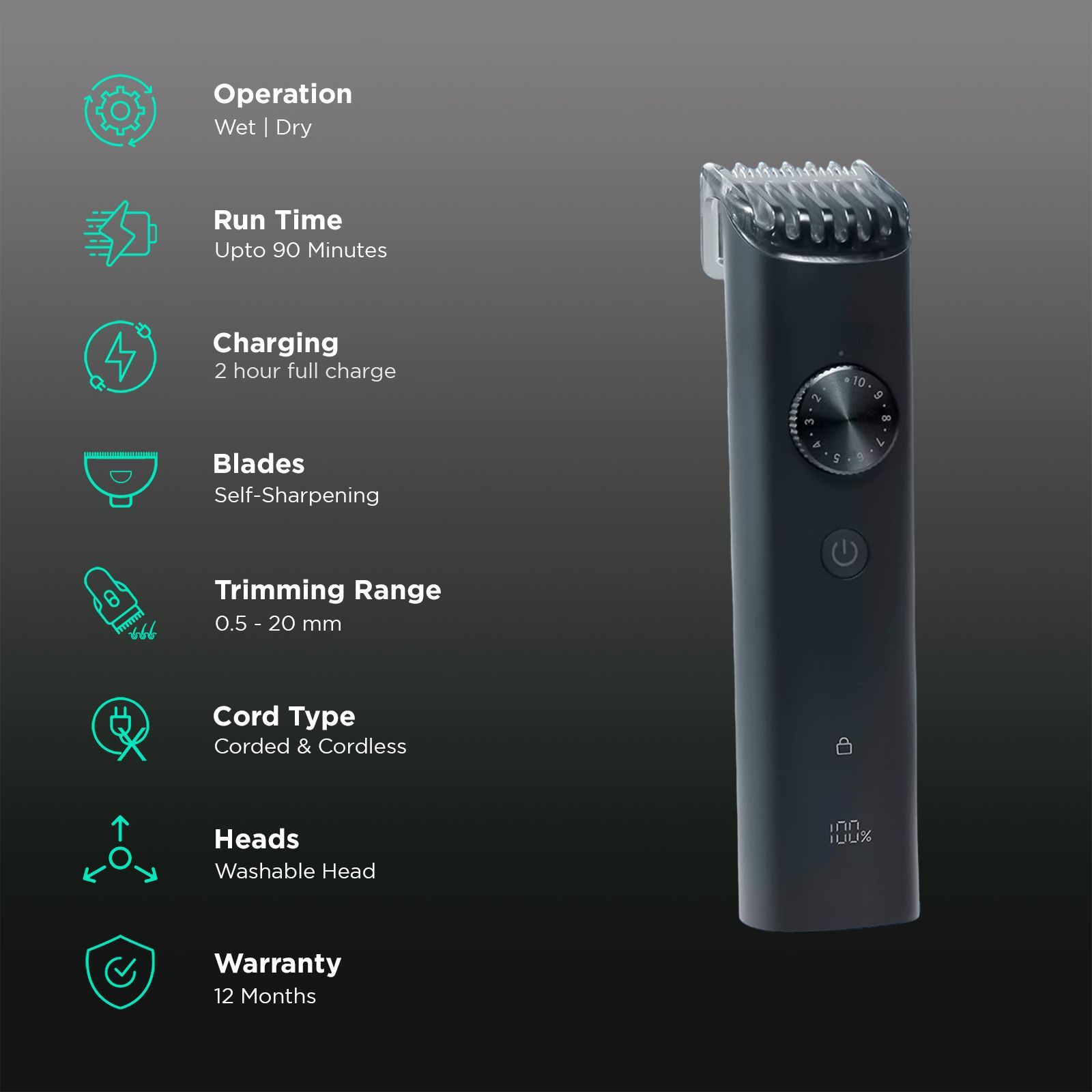 Xiaomi Trimmer 2 Rechargeable Corded & Cordless Dry Trimmer for Beard & Moustache with 40 Length Settings for Men (90mins Runtime, IPX7 Waterproof, Black)_2