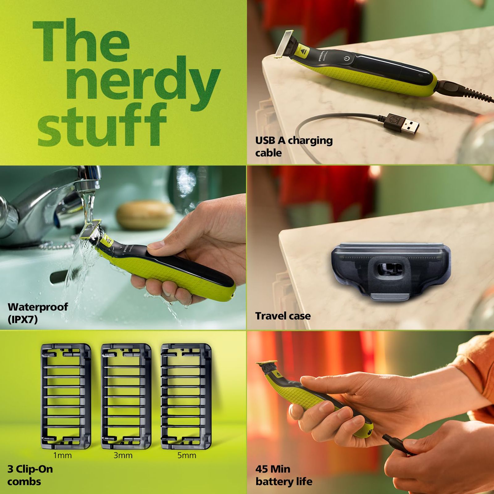 PHILIPS OneBlade Rechargeable Cordless Wet & Dry Trimmer for Beard & Moustache with 3 Length Settings for Men (45mins Runtime, Dual Protection Technology, Green)_12