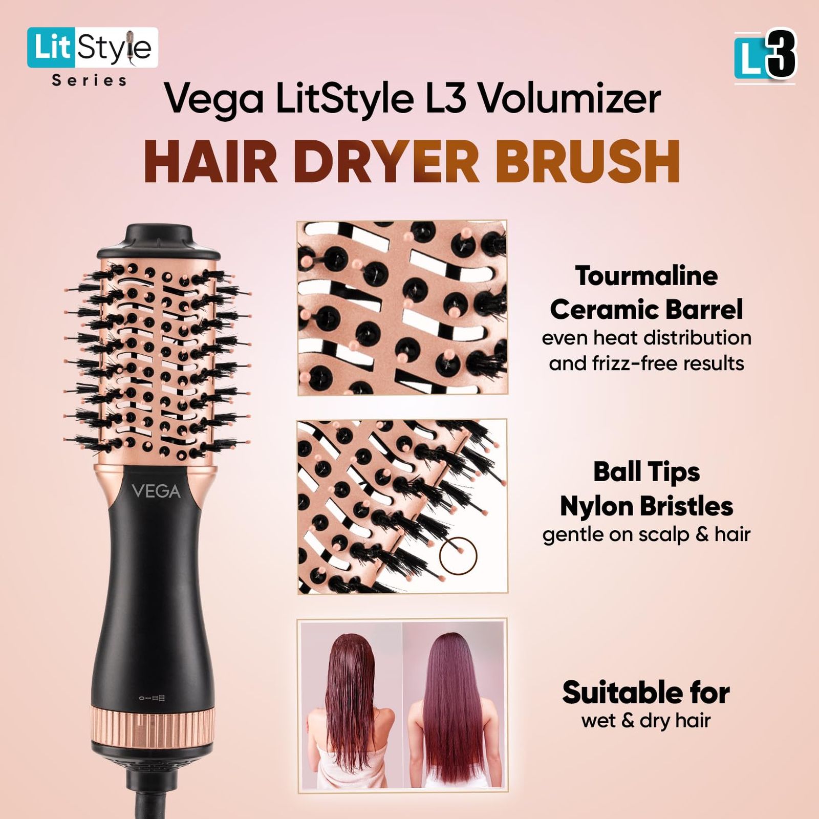 VEGA LitStyle L3 Hair Dryer Brush with 3 Heat Settings (Tourmaline Ceramic Coated Barrel, Black and Gold)_7