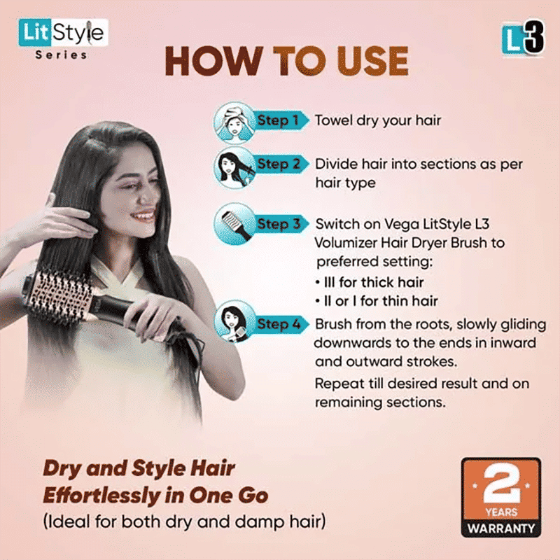 VEGA LitStyle L3 Hair Dryer Brush with 3 Heat Settings (Tourmaline Ceramic Coated Barrel, Black and Gold)_9