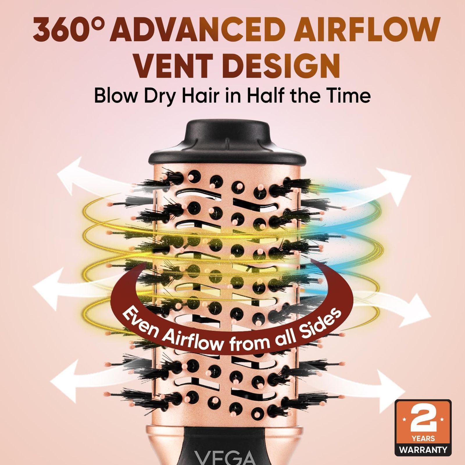 VEGA LitStyle L3 Hair Dryer Brush with 3 Heat Settings (Tourmaline Ceramic Coated Barrel, Black and Gold)_4