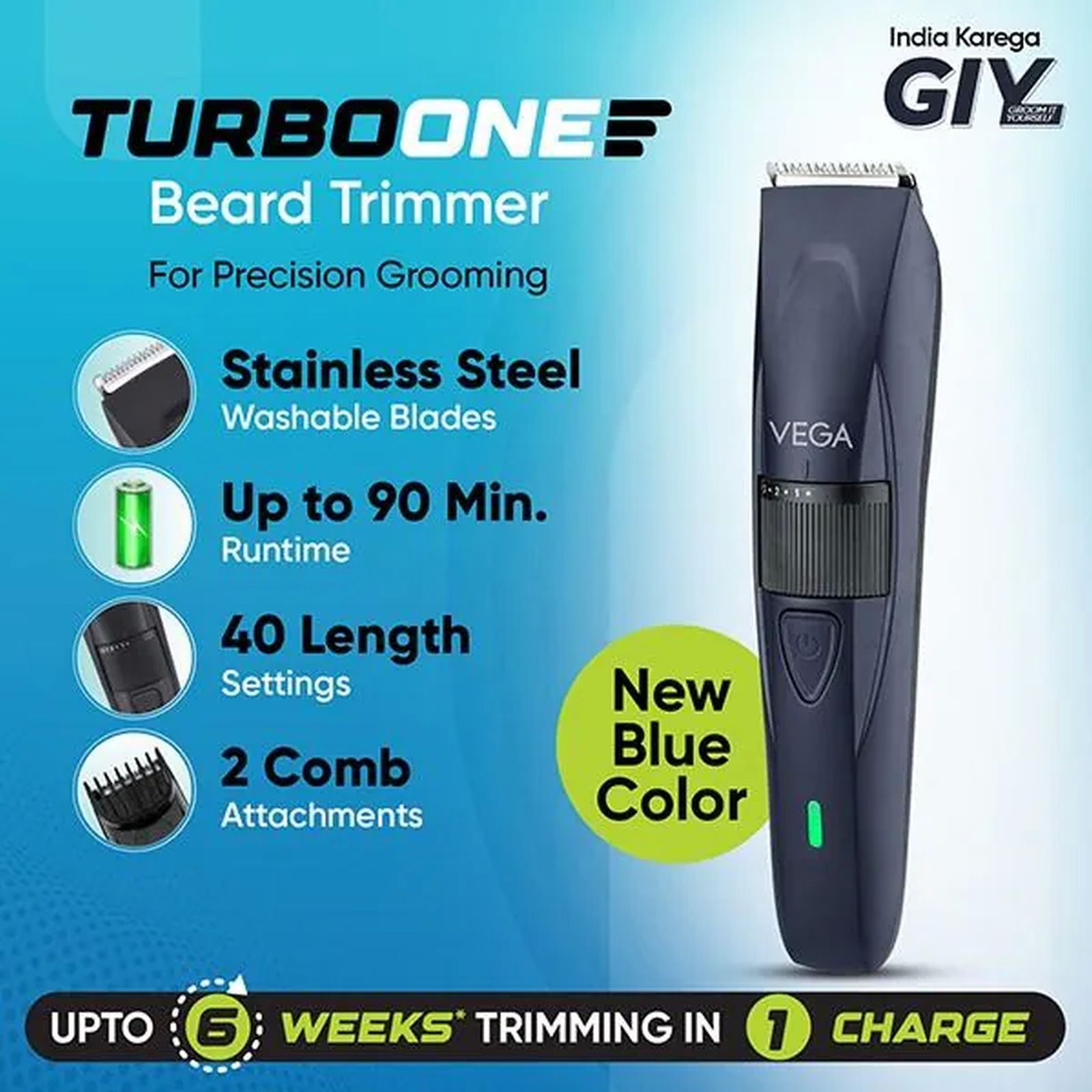 VEGA TurboOne Rechargeable Cord and Cordless Dry Trimmer for Beard with 40 Length Settings for Men (90mins Runtime, Ergonomically designed, Blue) VEGA TurboOne Rechargeable Cord and Cordless Dry Trimmer for Beard with 40 Length Settings for Men (90mins Runtime, Ergonomically designed, Blue)_4