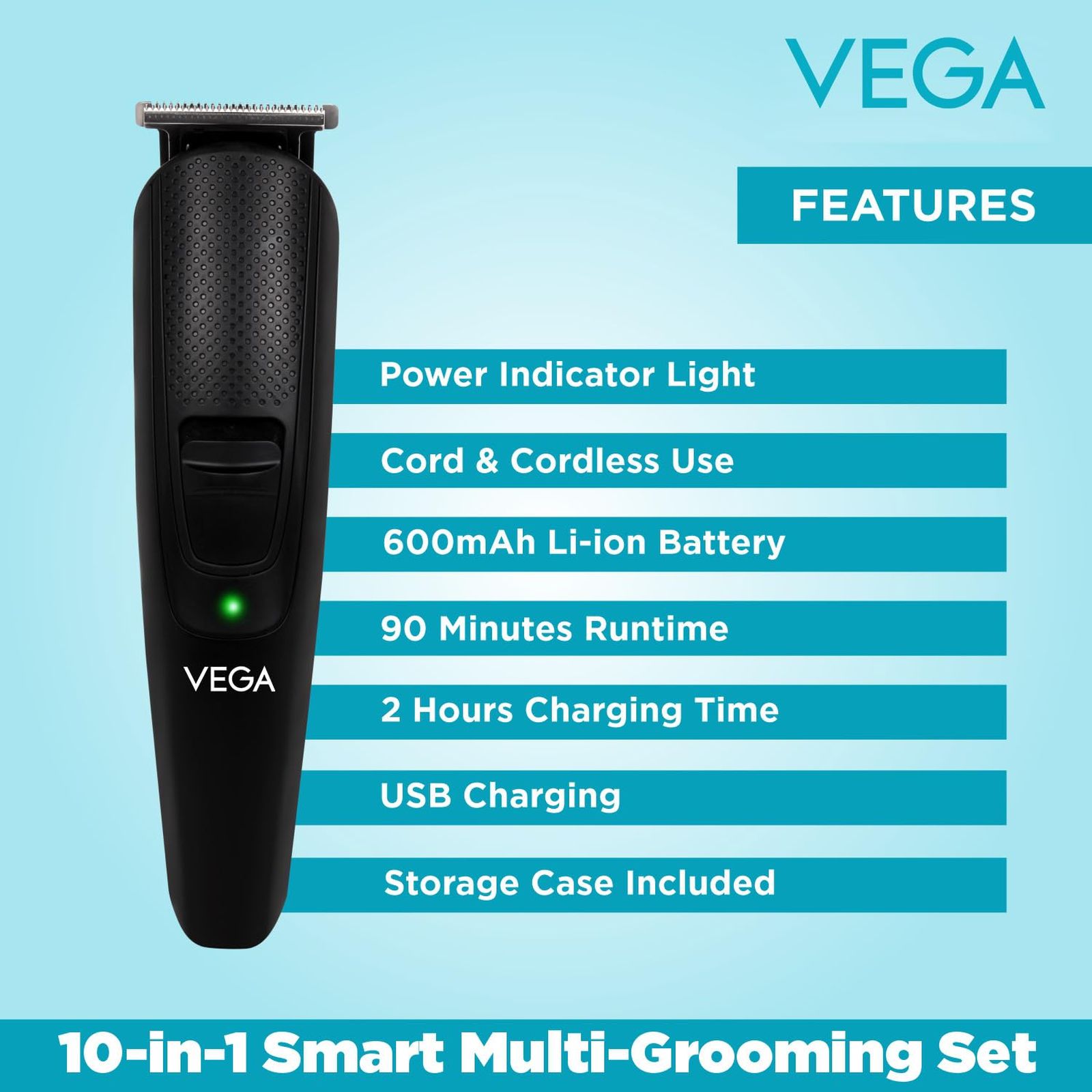 VEGA VHTH-23 10-in-1 Rechargeable Cord & Cordless Grooming Kit for Face & Body for Men (90mins Runtime, USB Charging, Black)_4