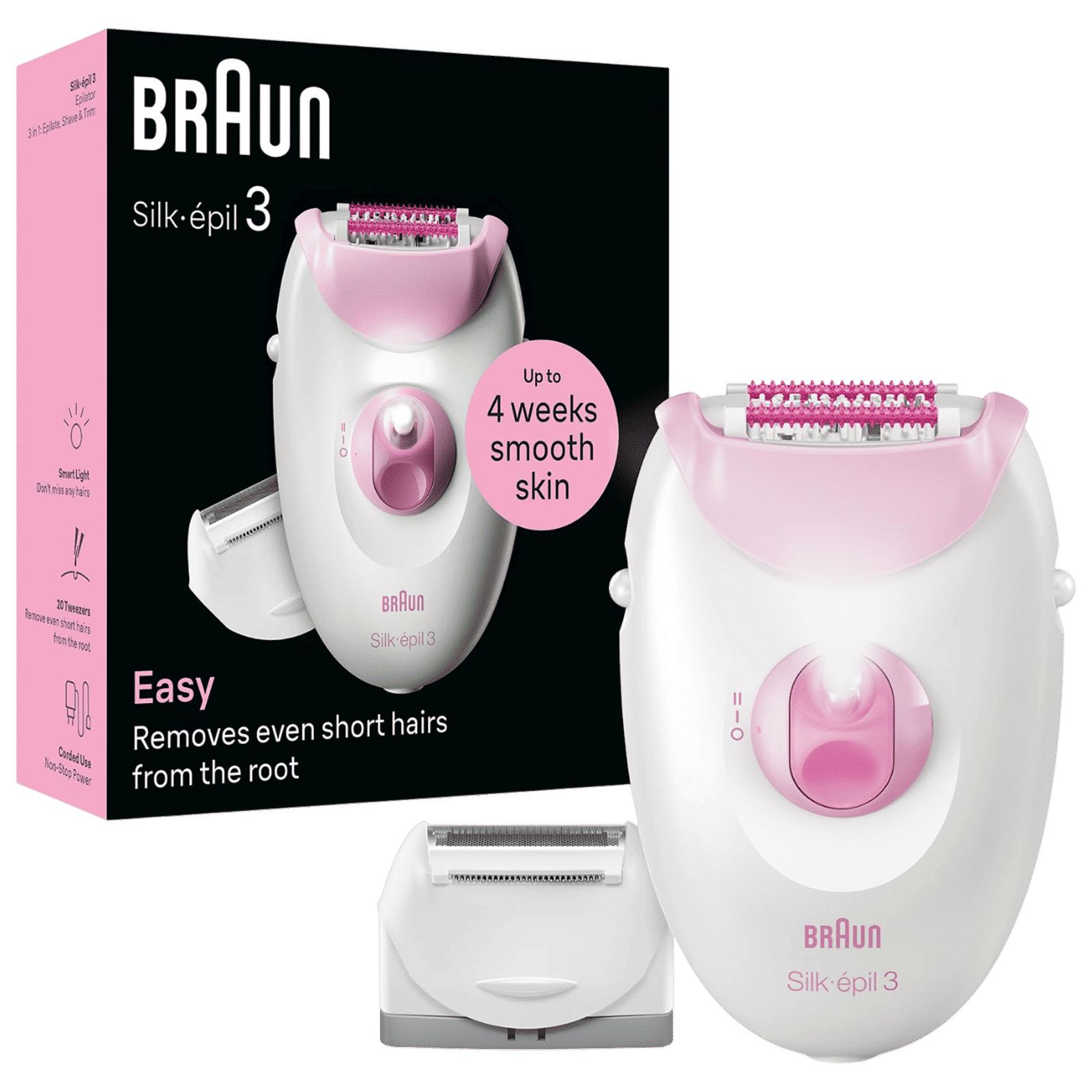 BRAUN SE3031 Corded Wet & Dry Epilator for Face, Legs & Arms with 2 Interchangeable Heads (Rotating Disc Blade, White and Pink)_1
