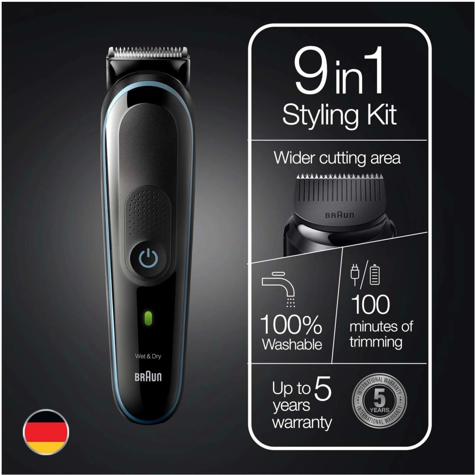 BRAUN MGK5380 9-in-1 Rechargeable Cordless Grooming Kit for Face, Hair, Ear, Nose & Body for Men (100mins Runtime, Quick Charging, Black)_3