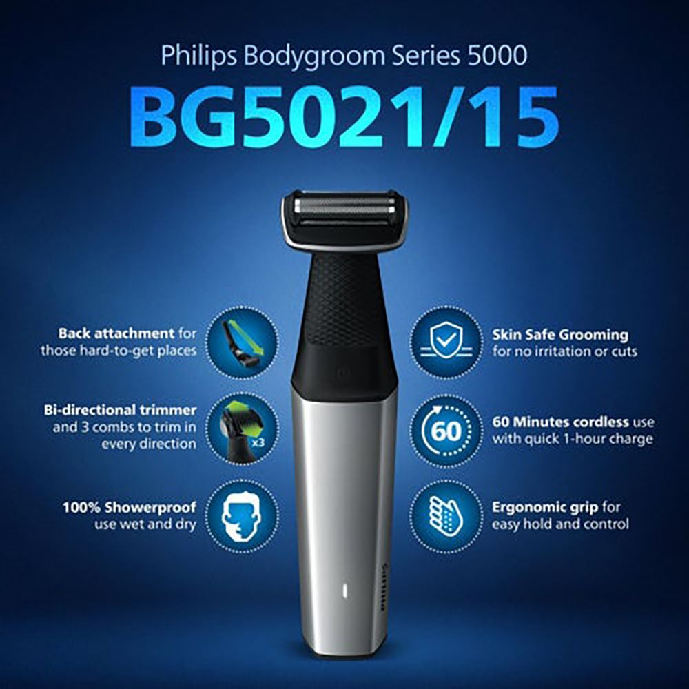 PHILIPS Bodygroom Series 5000 Rechargeable Cordless Body Groomer for Back, Body, Underarms, Intimate Areas for Men (60mins Runtime, Skin Protect Technology, Black & Silver)_14