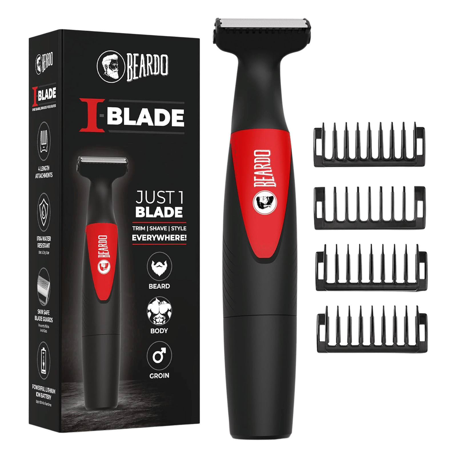 BEARDO I-Blade Rechargeable Cordless Wet & Dry Trimmer for Beard, Body, Hair & Intimate Areas with 4 Length Settings for Men (120 mins Runtime, Fast Charging, Black)_1
