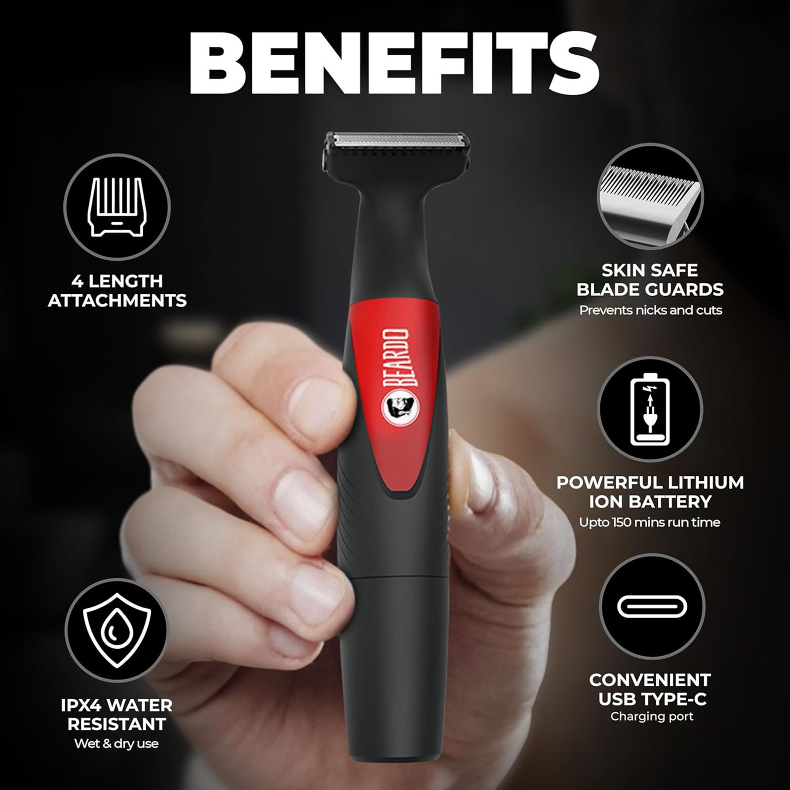 BEARDO I-Blade Rechargeable Cordless Wet & Dry Trimmer for Beard, Body, Hair & Intimate Areas with 4 Length Settings for Men (120 mins Runtime, Fast Charging, Black)_8
