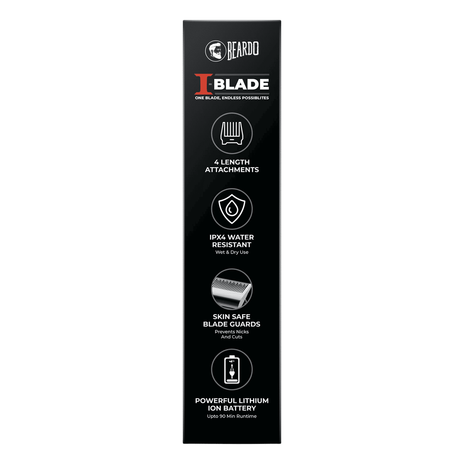 BEARDO I-Blade Rechargeable Cordless Wet & Dry Trimmer for Beard, Body, Hair & Intimate Areas with 4 Length Settings for Men (120 mins Runtime, Fast Charging, Black)_4