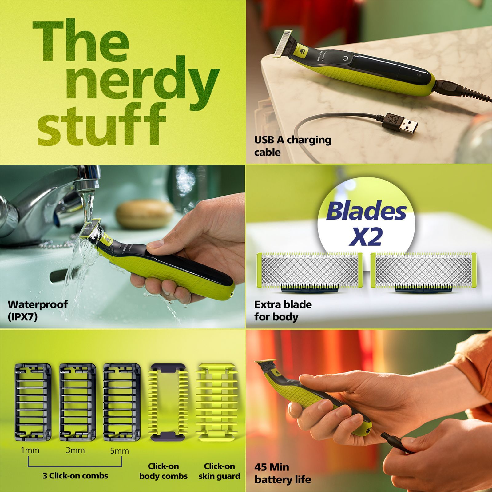 PHILIPS QP 2000 Series 2-in-1 Rechargeable Cordless Multipurpose Trimmer for Face & Body for Men (45mins Runtime, Unique OneBlade Technology, Lime Green)_9