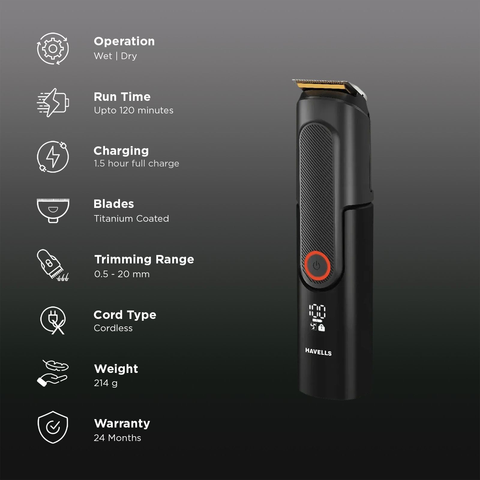 HAVELLS BT8888 Rechargeable Cordless Wet & Dry Trimmer for Beard & Moustache with 40 Length Settings for Men (90mins Runtime, Titanium Blade, Black)_2