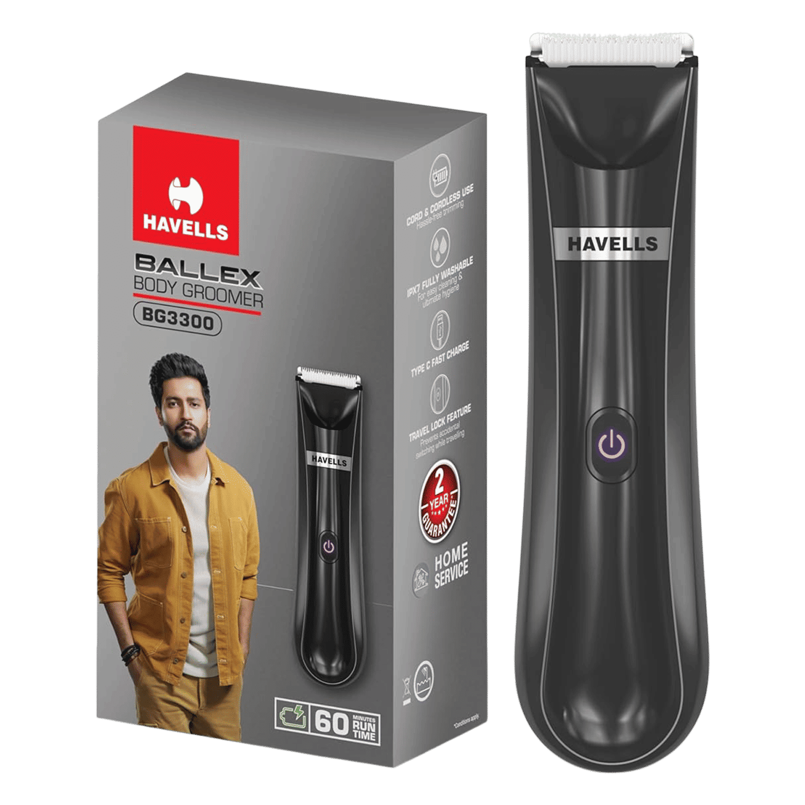HAVELLS Ballex BG3300 Rechargeable Corded & Cordless Wet & Dry Trimmer for Beard, Body & Intimate Areas with 6 Length Settings for Men (60mins Runtime, Fast Charge, Black) HAVELLS Ballex BG3300 Rechargeable Corded & Cordless Wet & Dry Trimmer for Beard, Body & Intimate Areas with 6 Length Settings for Men (60mins Runtime, Fast Charge, Black)_1