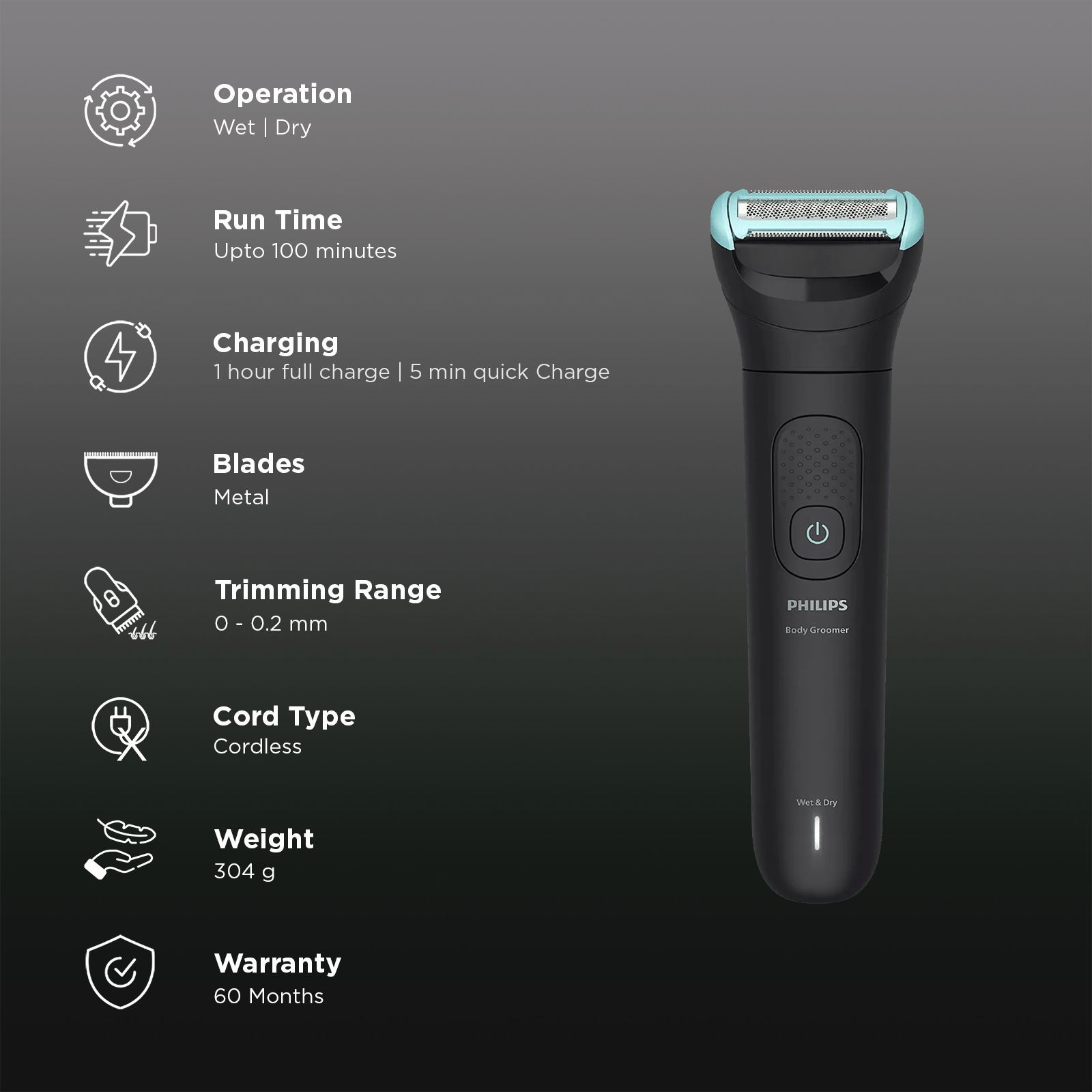 PHILIPS 5000 Series Rechargeable Cordless Body Groomer for Body for Men (100 Minutes, Cutting Technology, Deep Black)_2