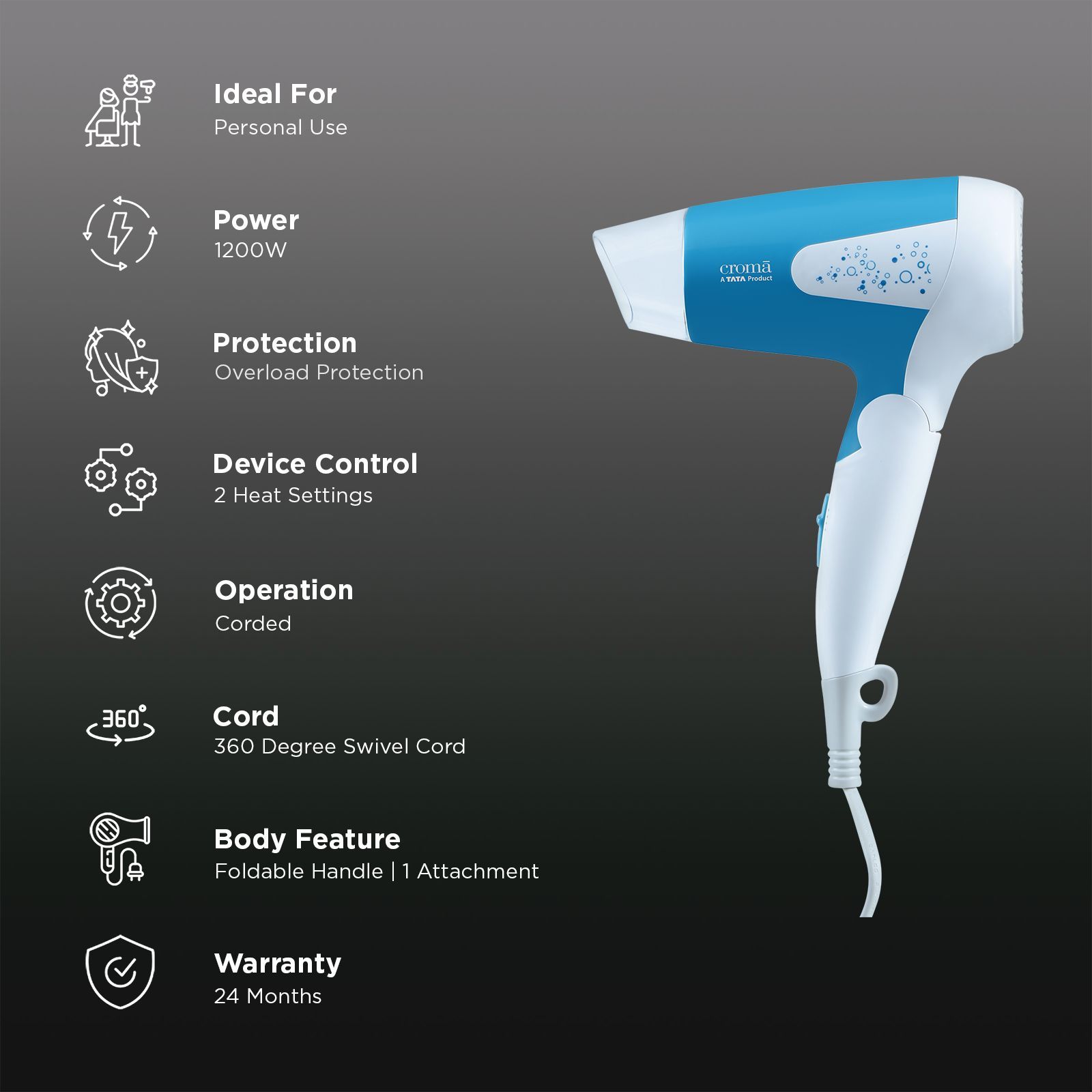 Croma 1200 W Hair Dryer with 2 Heat Settings & Cool Blow (Overload Protection, Blue & White)_3