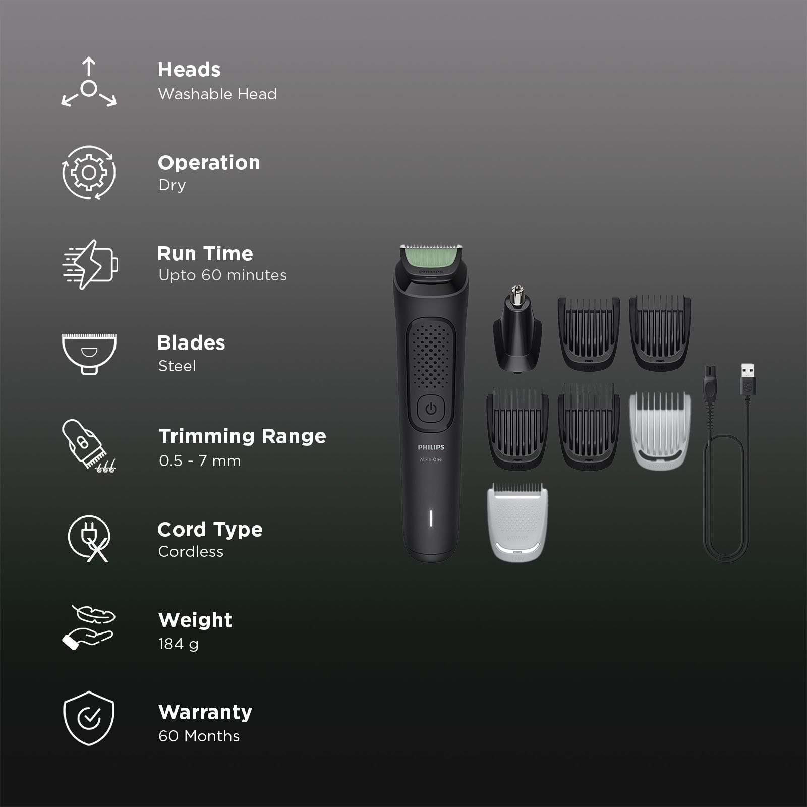 Philips 3000 Series 8-in-1 Rechargeable Cordless Multipurpose Trimmer for Face, Body and Intimate Areas for Men (60mins Runtime, Self Sharpening Blades, Black)_2