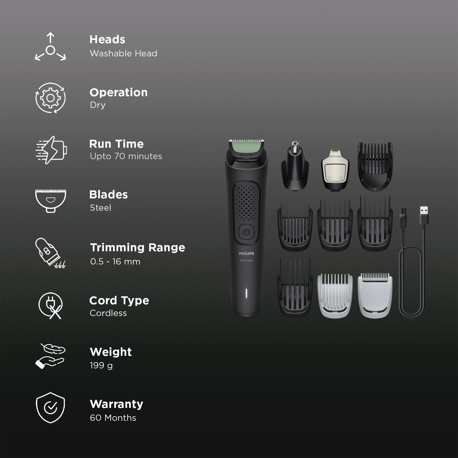 Philips 3000 Series 10-in-1 Rechargeable Cordless Multipurpose Trimmer for Hair, Body, Face & Intimate Areas for Men (70min Runtime, Self-Sharpening Blades, Black)_2