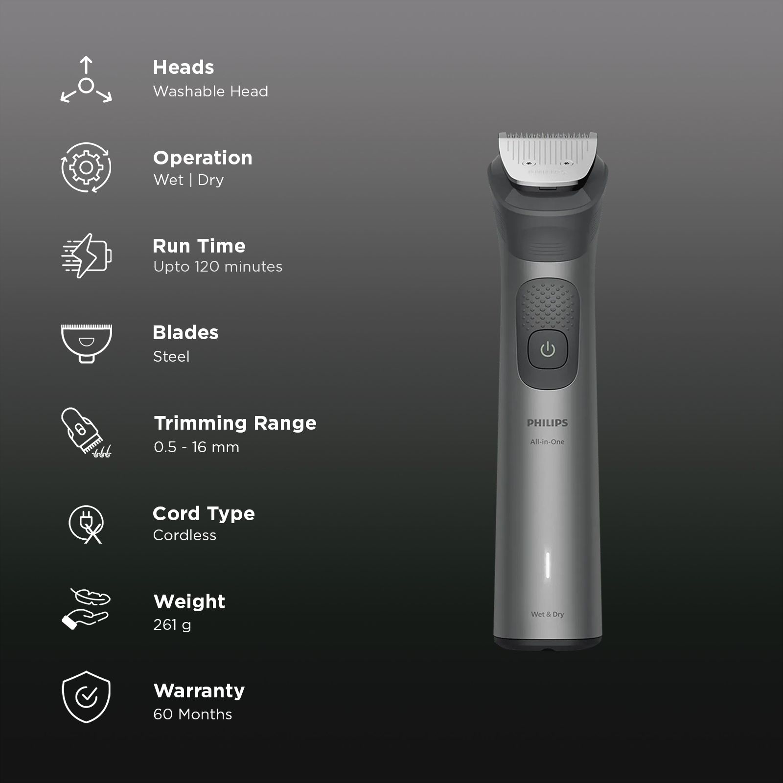 Philips 7000 Series 13-in-1 Rechargeable Cordless Multipurpose Trimmer for Head, Body, Face & Intimate Areas for Men (120min Runtime, BeardSense Technology, Grey)_2