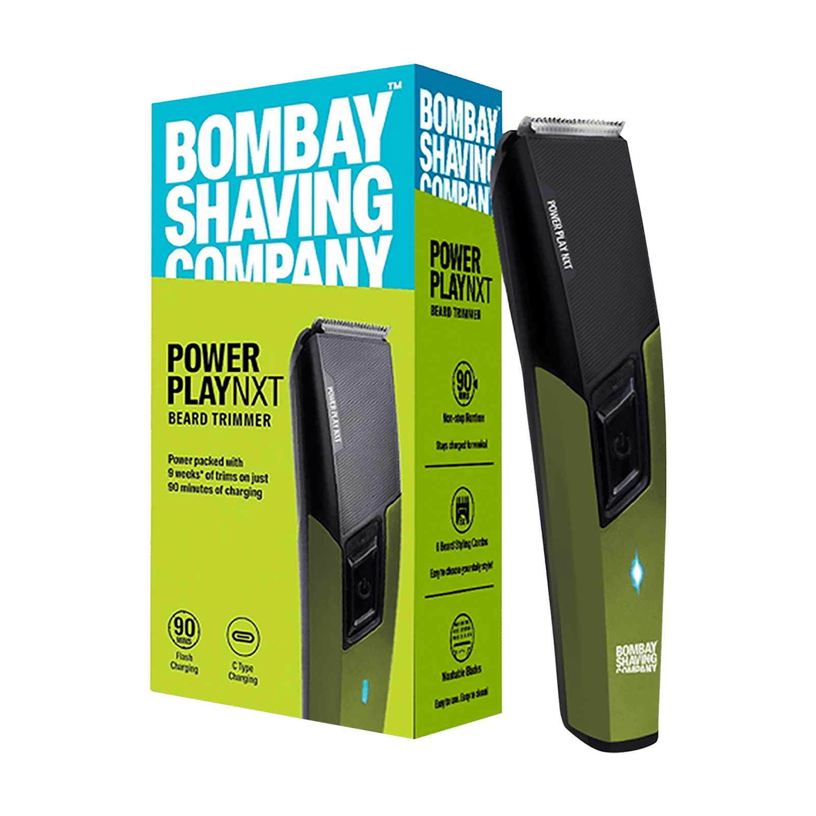 Bombay Shaving Company Power Play Nxt Rechargeable Cordless Dry Trimmer for Beard & Moustache with 6 Length Settings for Men (90mins Runtime, Self Sharpening Blades, Green)_1
