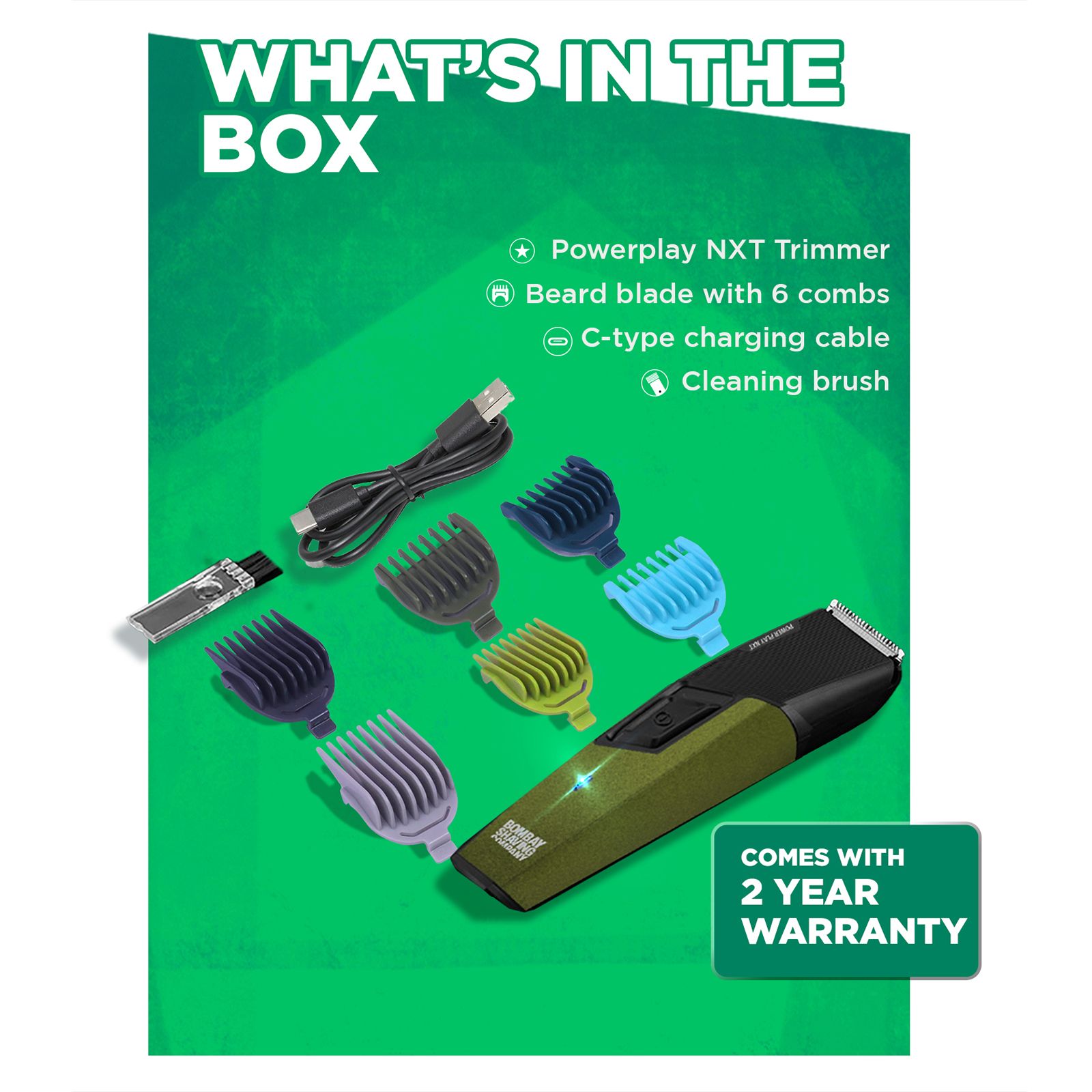 Bombay Shaving Company Power Play Nxt Rechargeable Cordless Dry Trimmer for Beard & Moustache with 6 Length Settings for Men (90mins Runtime, Self Sharpening Blades, Green)_3