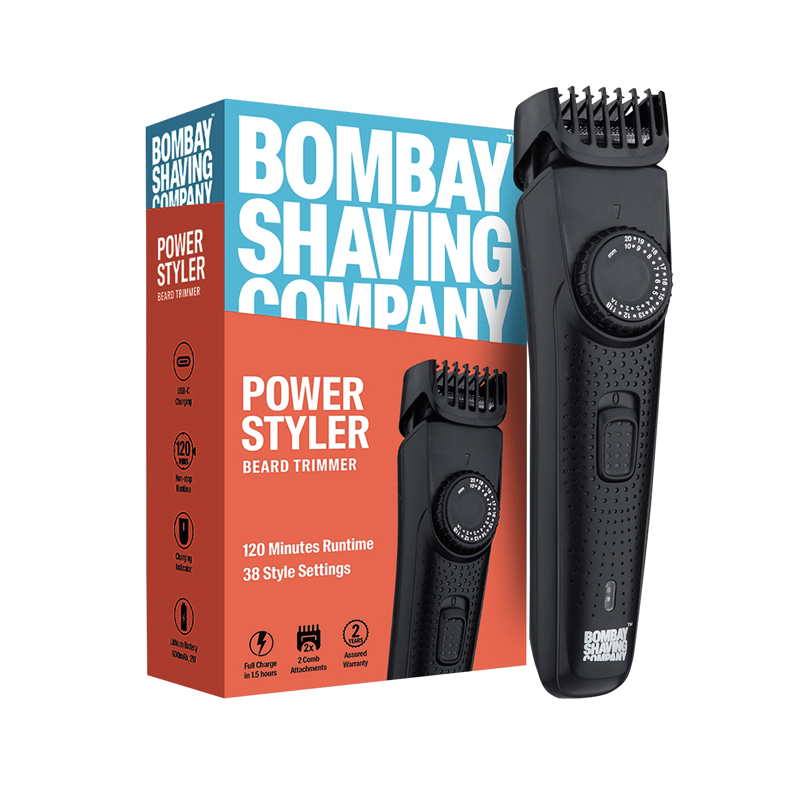 Bombay Shaving Company Power Styler Rechargeable Cordless Dry Trimmer for Beard, Moustache & Head with 38 Length Settings for Men (120mins Runtime, Flash Charging, Black)_1