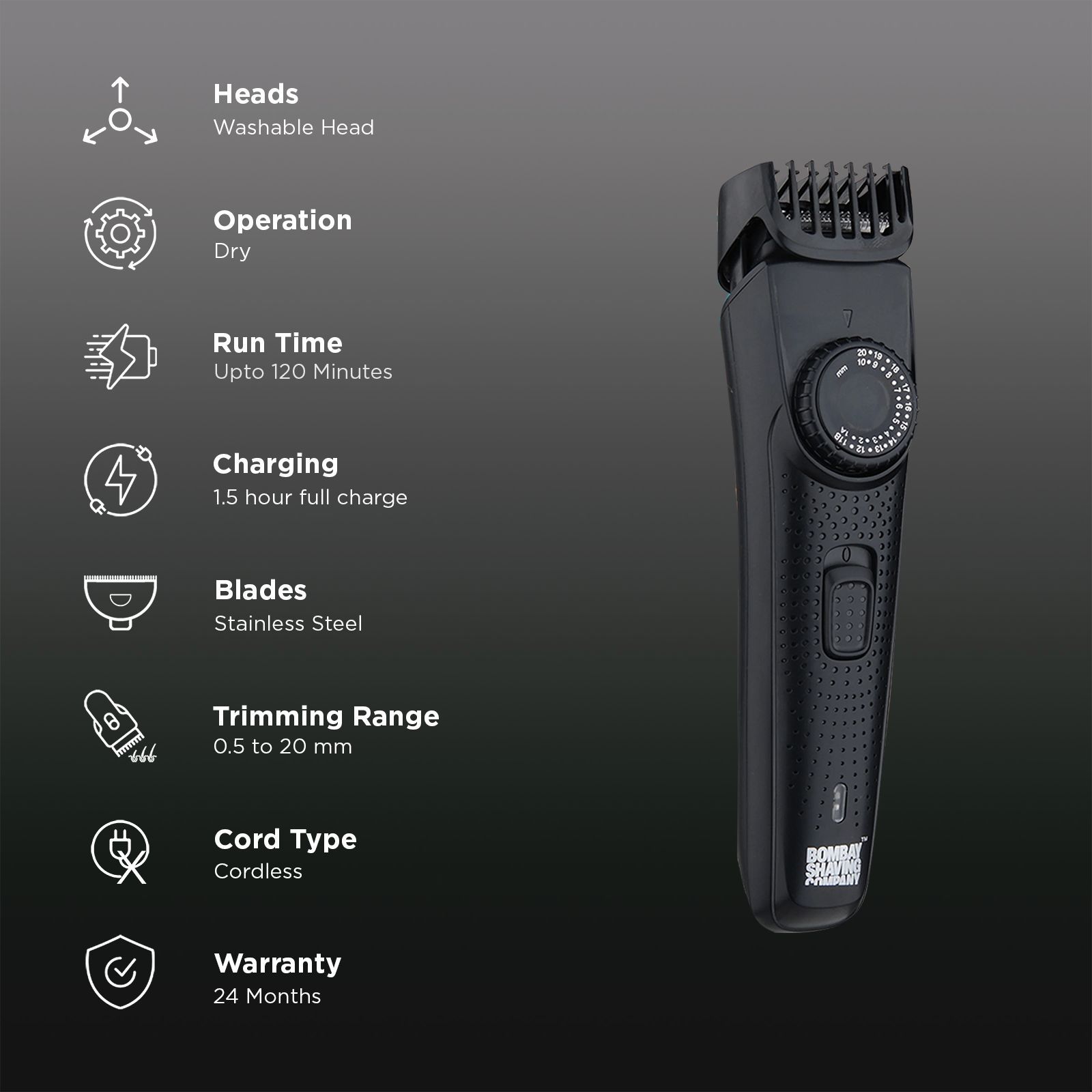 Bombay Shaving Company Power Styler Rechargeable Cordless Dry Trimmer for Beard, Moustache & Head with 38 Length Settings for Men (120mins Runtime, Flash Charging, Black)_2