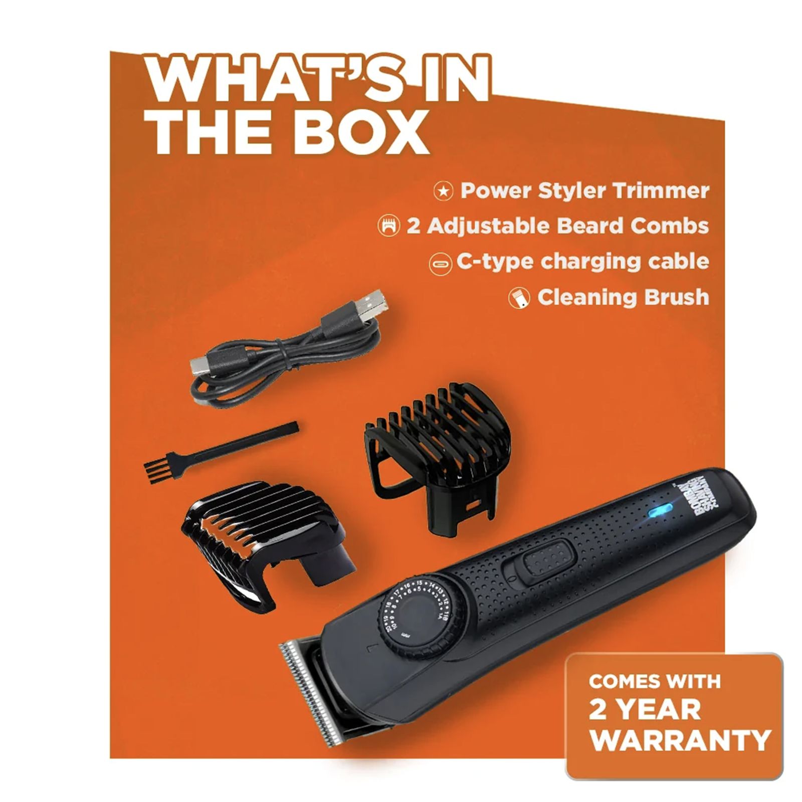 Bombay Shaving Company Power Styler Rechargeable Cordless Dry Trimmer for Beard, Moustache & Head with 38 Length Settings for Men (120mins Runtime, Flash Charging, Black)_3