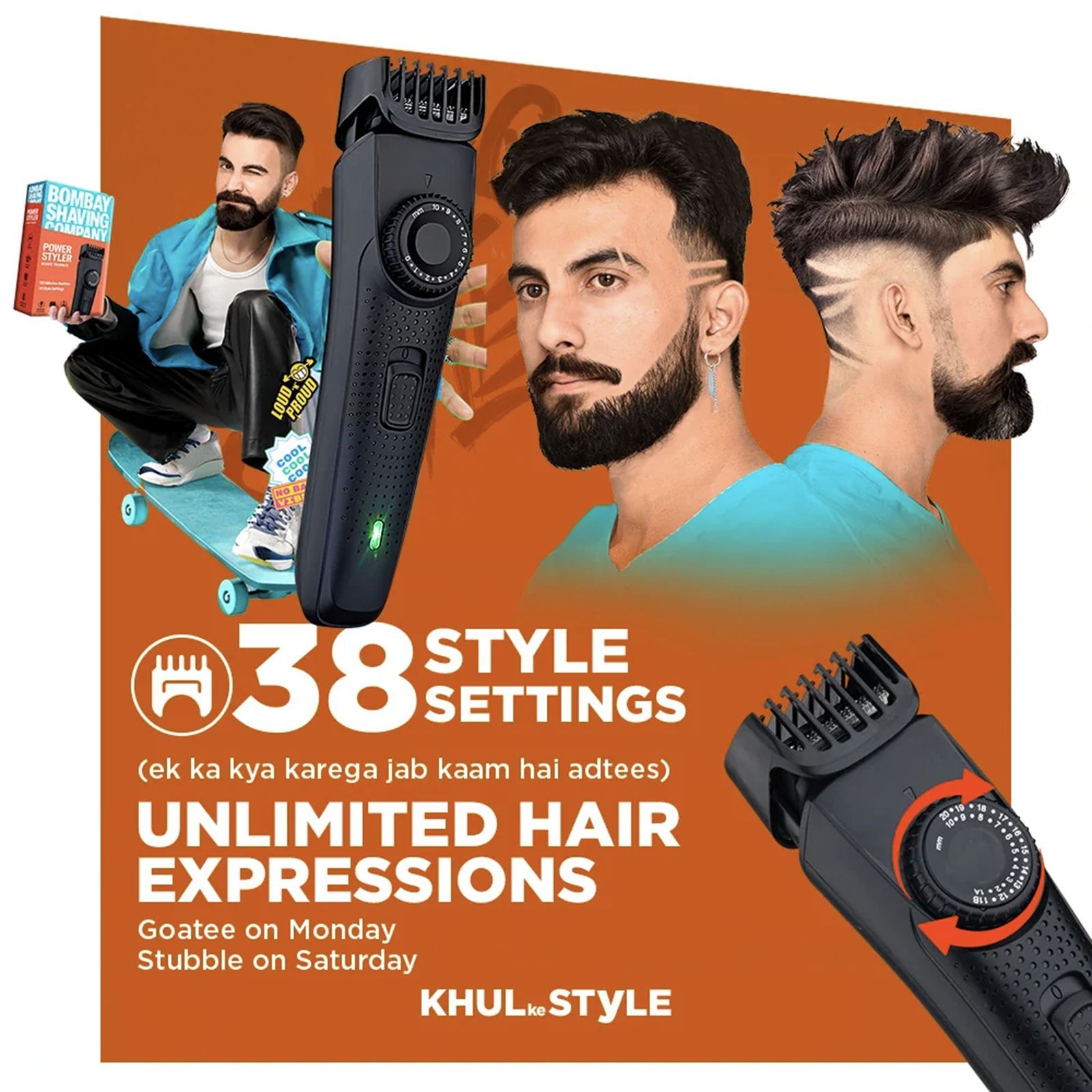 Bombay Shaving Company Power Styler Rechargeable Cordless Dry Trimmer for Beard, Moustache & Head with 38 Length Settings for Men (120mins Runtime, Flash Charging, Black)_4