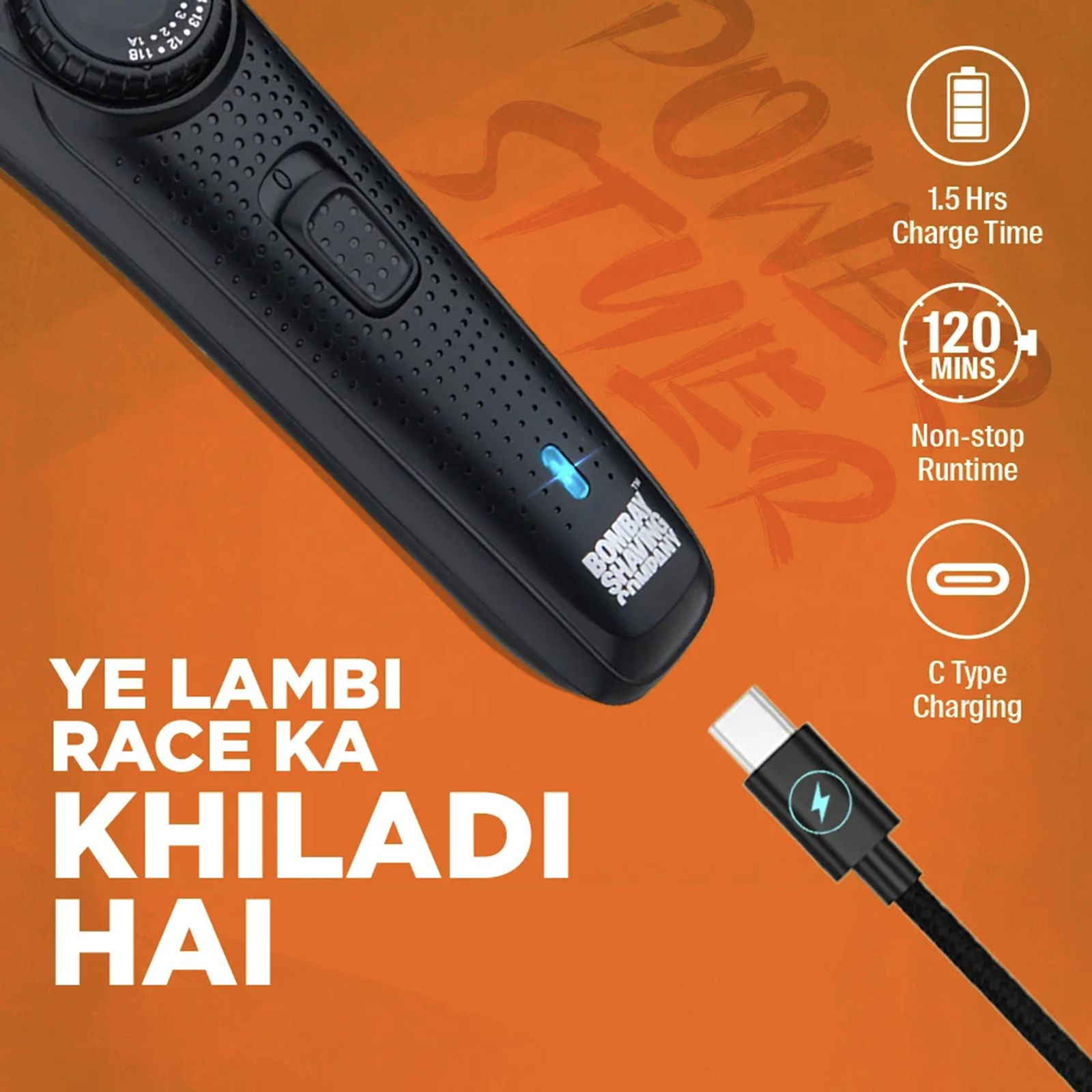 Bombay Shaving Company Power Styler Rechargeable Cordless Dry Trimmer for Beard, Moustache & Head with 38 Length Settings for Men (120mins Runtime, Flash Charging, Black)_5