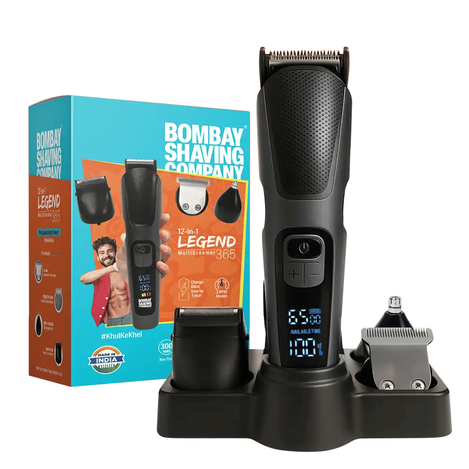 Bombay Shaving Company Legend 365 12-in-1 Rechargeable Cordless Multipurpose Trimmer for Beard, Ear, Nose, Body, Underarms & Intimate Areas for Men (300mins Runtime, Smart RPM Technology, Black)_1