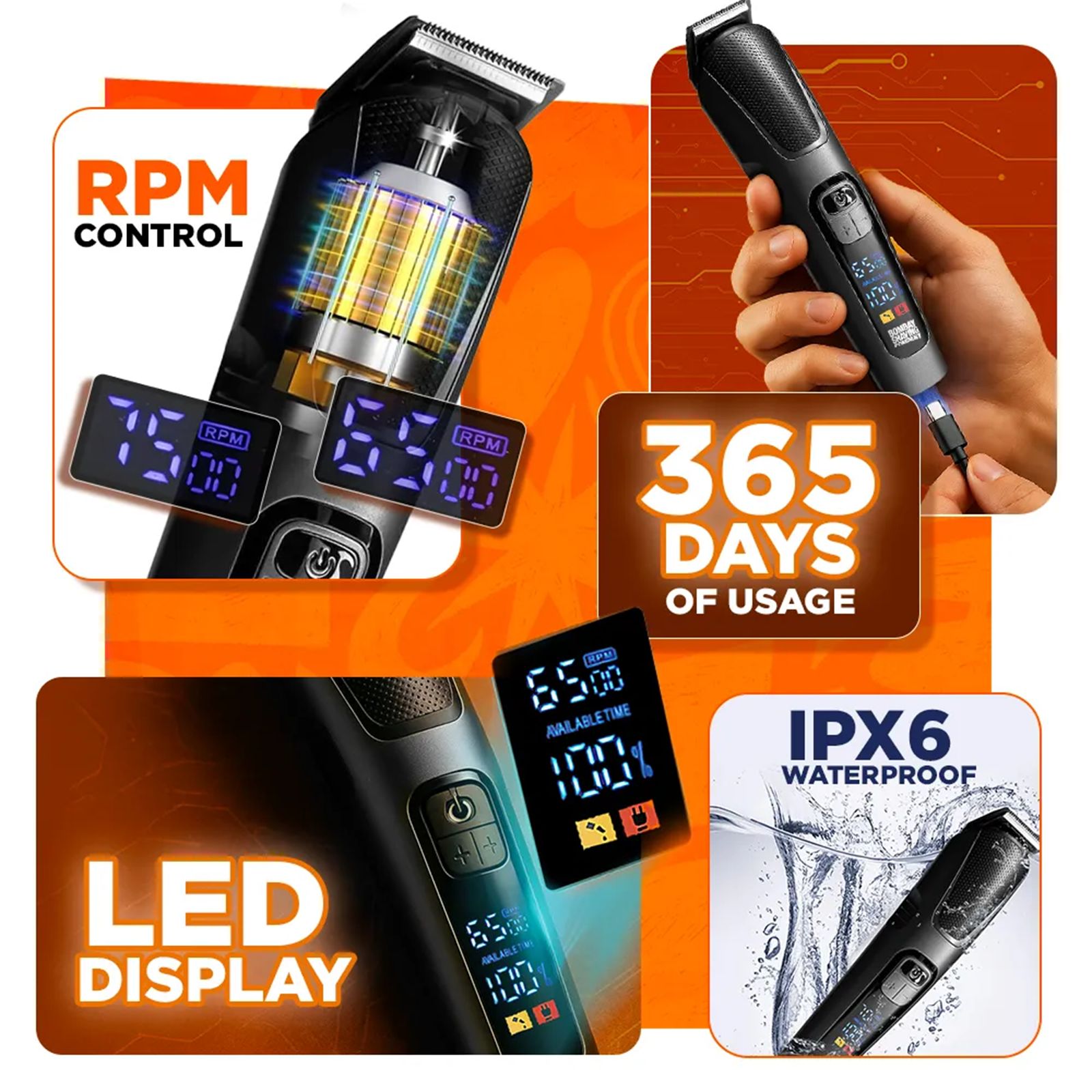 Bombay Shaving Company Legend 365 12-in-1 Rechargeable Cordless Multipurpose Trimmer for Beard, Ear, Nose, Body, Underarms & Intimate Areas for Men (300mins Runtime, Smart RPM Technology, Black)_2