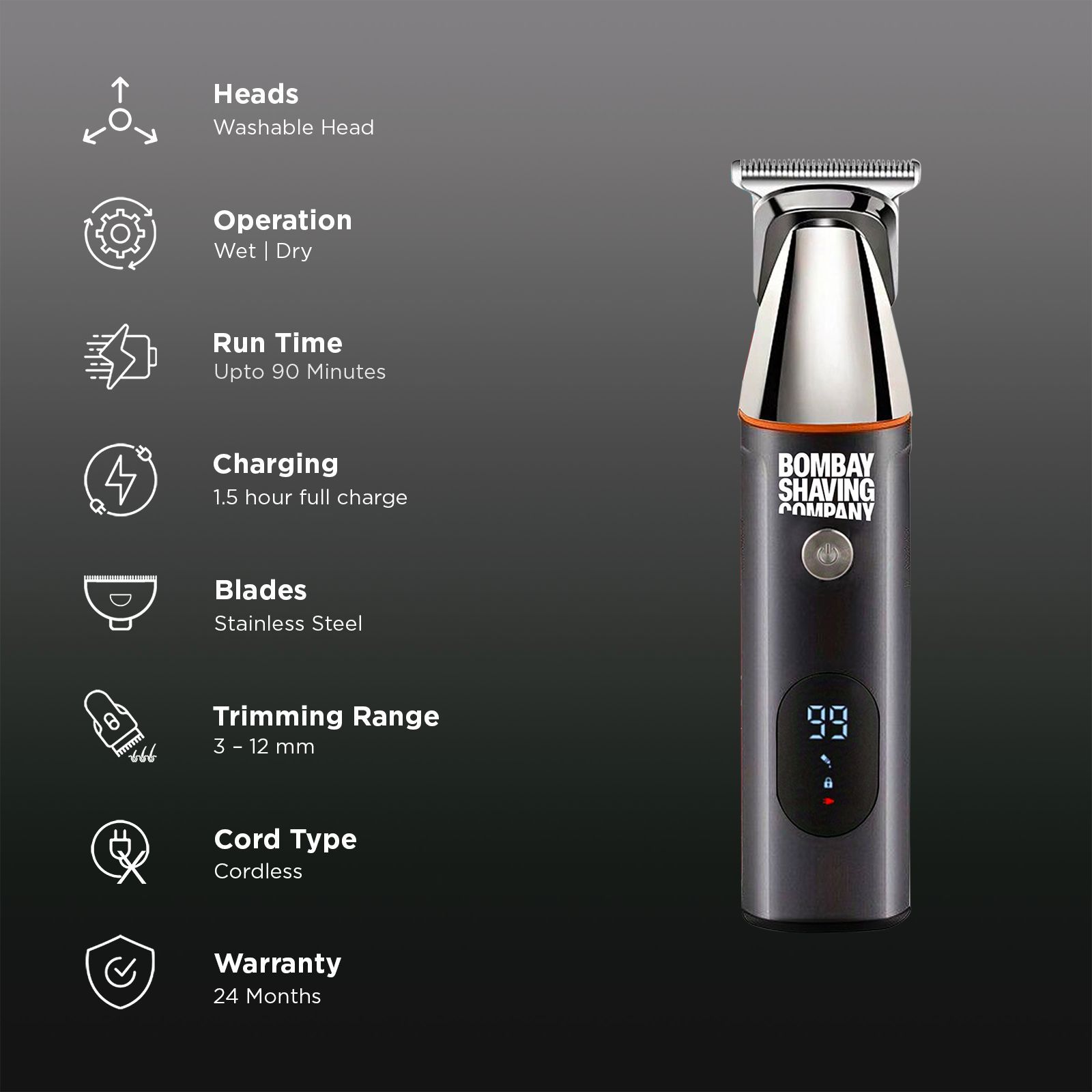 Bombay Shaving Company Rechargeable Cordless Multipurpose Trimmer for Beard, Body, Intimate Areas, Shave, Nose & Ear for Men (90min Runtime, IPX6 Waterproof, Grey) Bombay Shaving Company Rechargeable Cordless Multipurpose Trimmer for Beard, Body, Intimate Areas, Shave, Nose & Ear for Men (90min Runtime, IPX6 Waterproof, Grey)_2