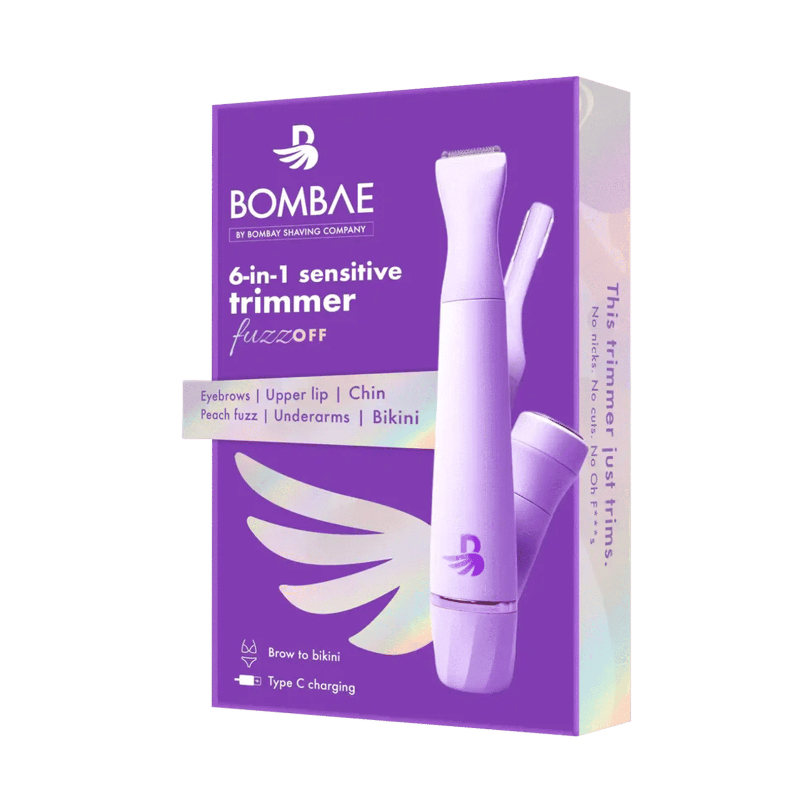 Bombae Fuzzoff 6 in 1 Rechargeable Cordless Multipurpose Trimmer for Eyebrows, Upper Lip, Chin, Peach Fuzz, Underarms & Intimate Areas for Women (90mins Runtime, Waterproof, Purple)_1