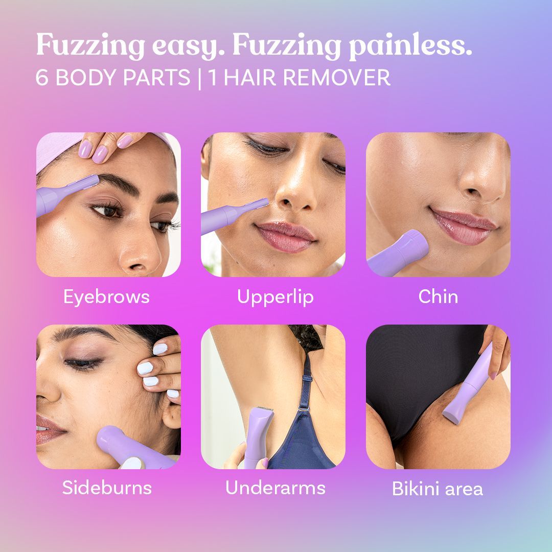 Bombae Fuzzoff 6 in 1 Rechargeable Cordless Multipurpose Trimmer for Eyebrows, Upper Lip, Chin, Peach Fuzz, Underarms & Intimate Areas for Women (90mins Runtime, Waterproof, Purple)_10