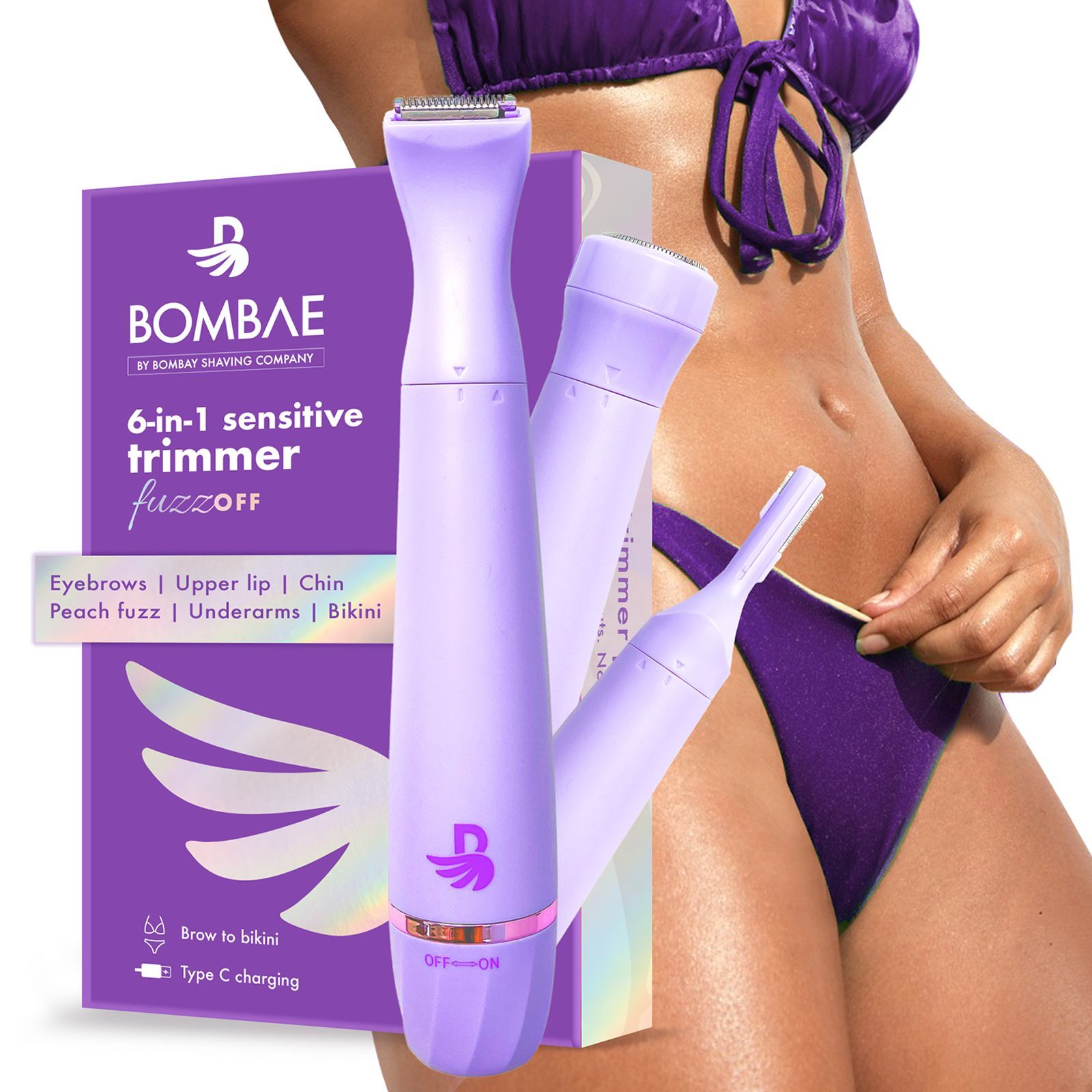 Bombae Fuzzoff 6 in 1 Rechargeable Cordless Multipurpose Trimmer for Eyebrows, Upper Lip, Chin, Peach Fuzz, Underarms & Intimate Areas for Women (90mins Runtime, Waterproof, Purple)_12