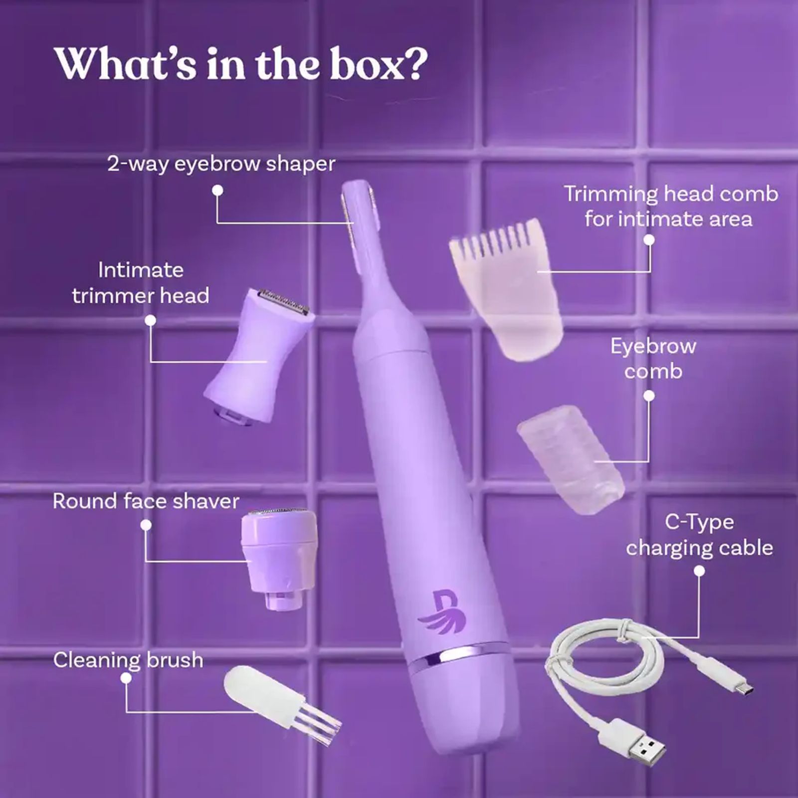 Bombae Fuzzoff 6 in 1 Rechargeable Cordless Multipurpose Trimmer for Eyebrows, Upper Lip, Chin, Peach Fuzz, Underarms & Intimate Areas for Women (90mins Runtime, Waterproof, Purple)_8