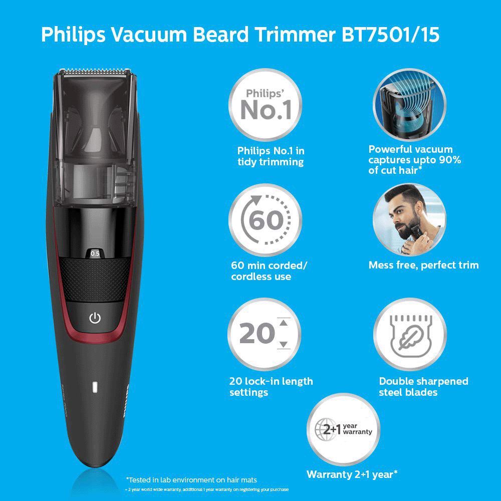 PHILIPS Beardtrimmer Series 7000 Self-Sharpening Metal Blades Corded & Cordless Vacuum Beard Trimmer (60 Min Run Time/1h Charge, BT7501/15, Black) PHILIPS Beardtrimmer Series 7000 Self-Sharpening Metal Blades Corded & Cordless Vacuum Beard Trimmer (60 Min Run Time/1h Charge, BT7501/15, Black)_7