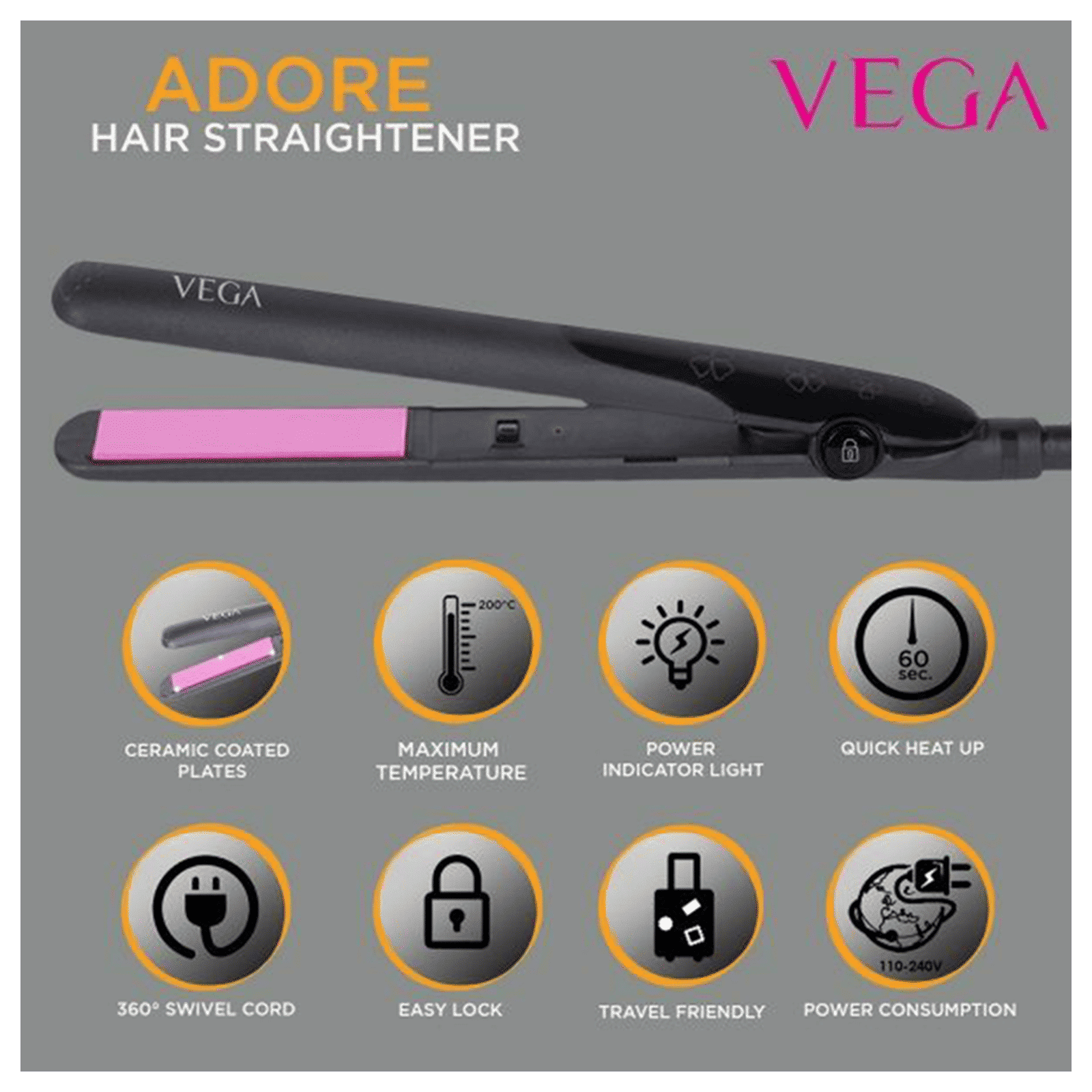 VEGA Adore Hair Straightener with Easy Lock System (Ceramic Plates, Black & Pink)_8