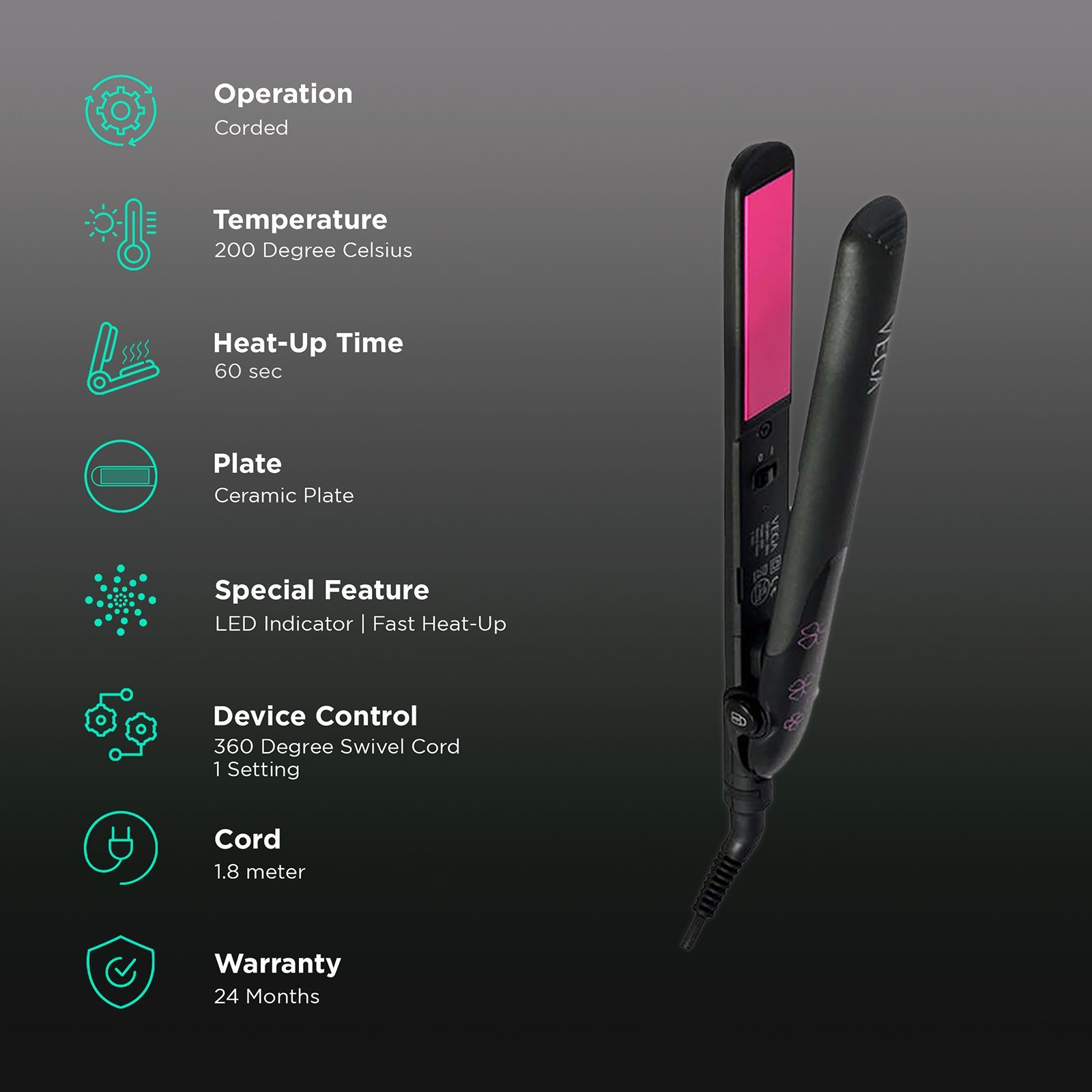 VEGA Adore Hair Straightener with Easy Lock System (Ceramic Plates, Black & Pink)_3