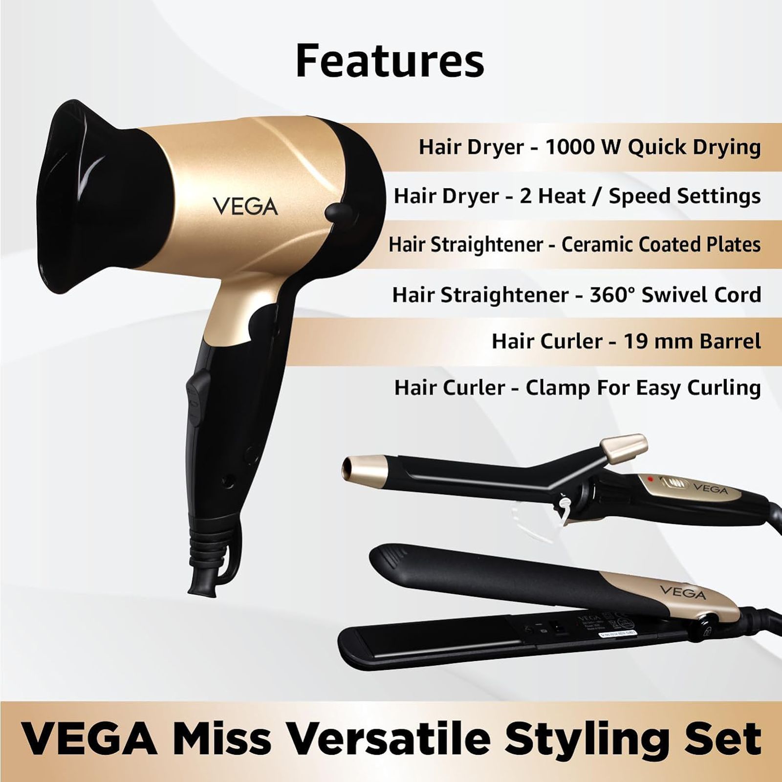VEGA Miss Versatile Hair Styler with Ceramic Coating Technology (LED Indicator, Black & Gold)_2