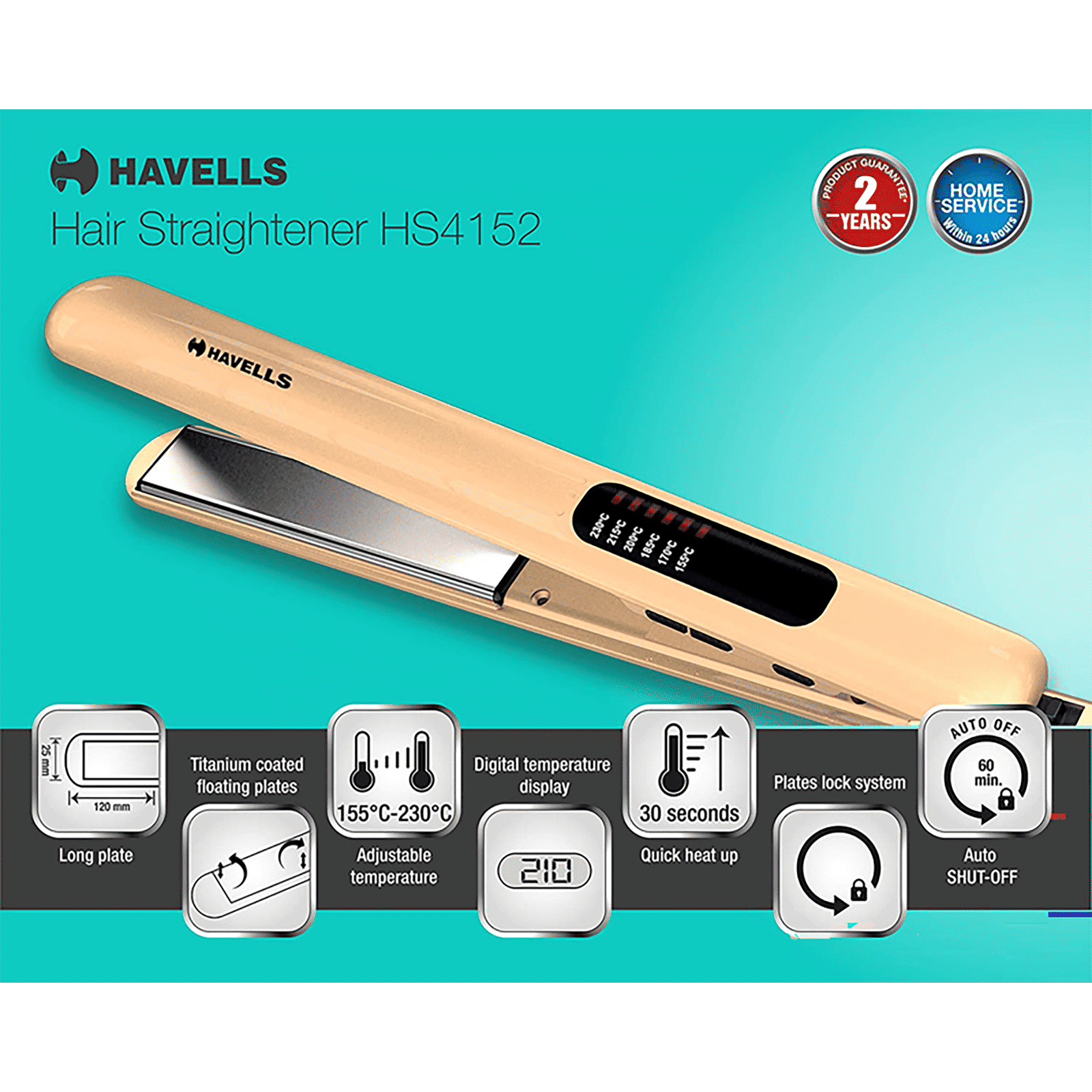 HAVELLS Hair Straightener with 6 Temperature Settings (Titanium Coated Plates, Gold)_10